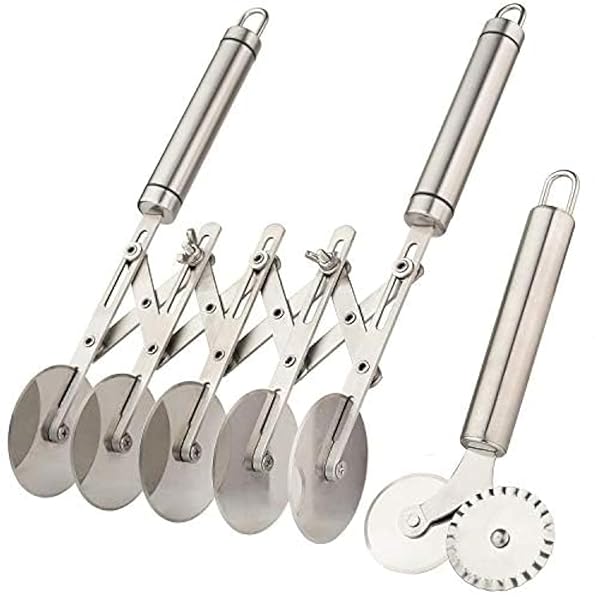 CHWAIKA Set of 2 Adjustable Stainless Steel 5-Wheel Pastry Cutters with Handle - Perfect for Pizza & Dough Slicing