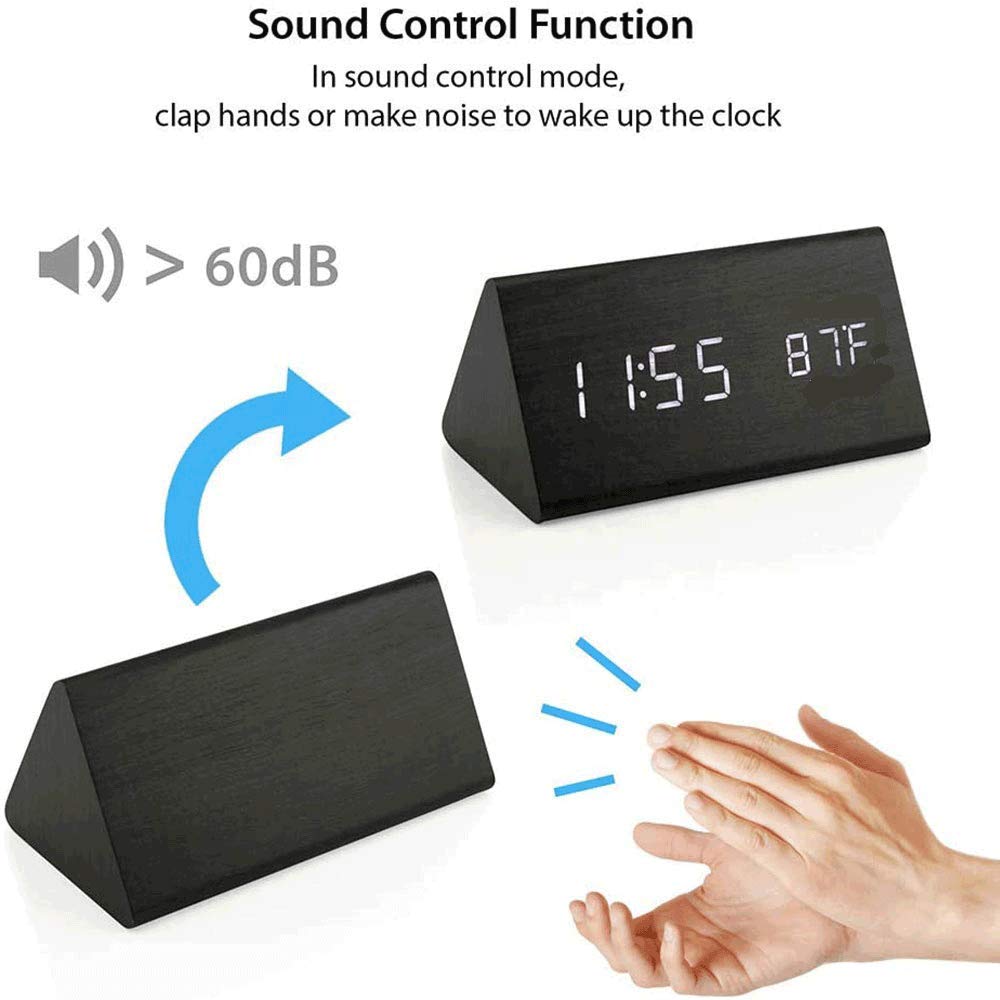 Voltstech Triangle Wooden Digital Alarm Clock with LED Display 3 Alarm Settings 4 Level Brightness Temperature Time Date for Bedroom Black - View 2 of 9
