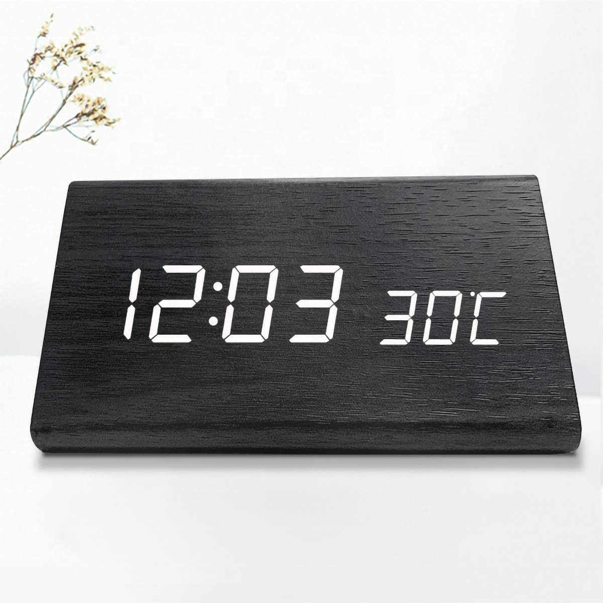 Voltstech Triangle Wooden Digital Alarm Clock with LED Display 3 Alarm Settings 4 Level Brightness Temperature Time Date for Bedroom Black - View 3 of 9