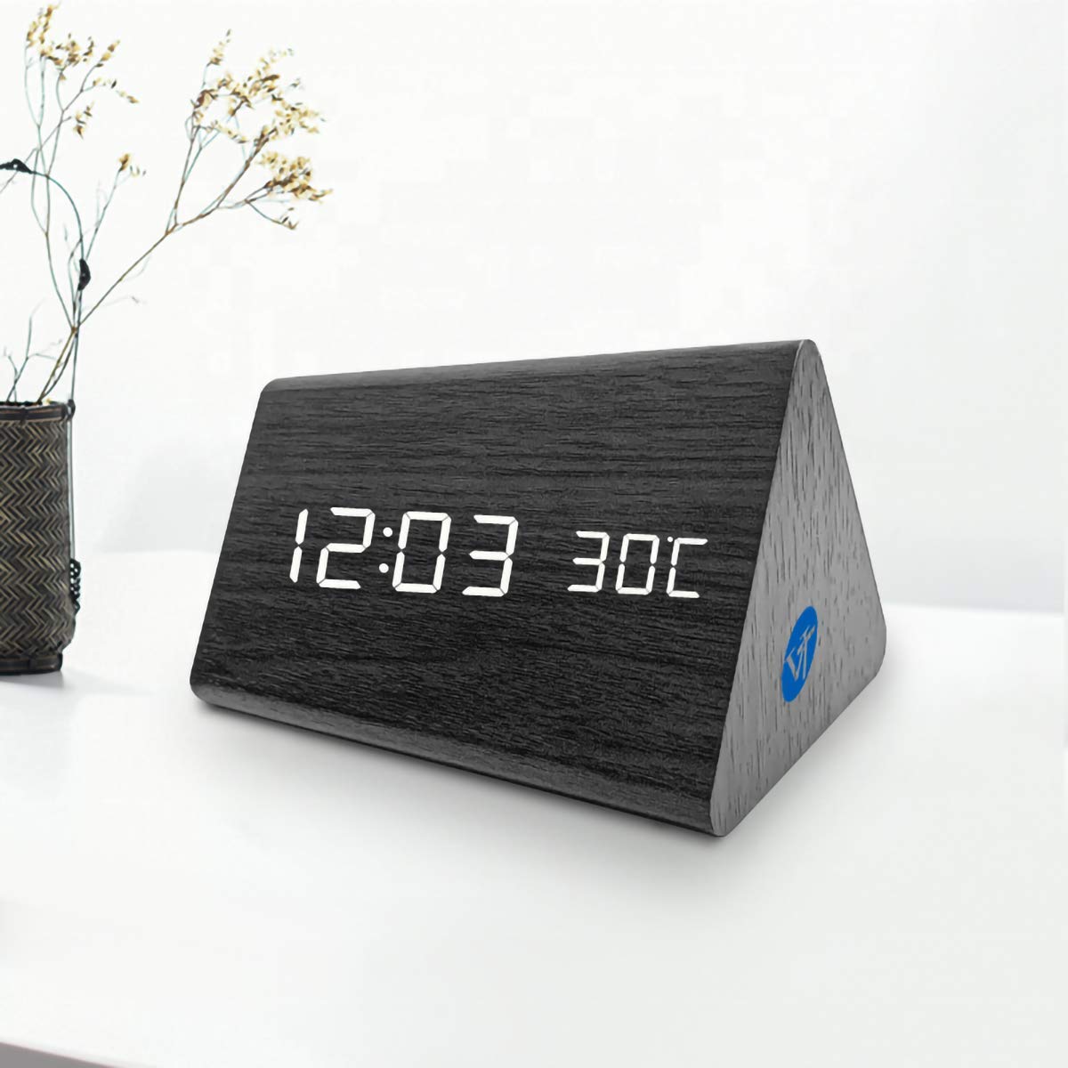 Voltstech Triangle Wooden Digital Alarm Clock with LED Display 3 Alarm Settings 4 Level Brightness Temperature Time Date for Bedroom Black - View 4 of 9