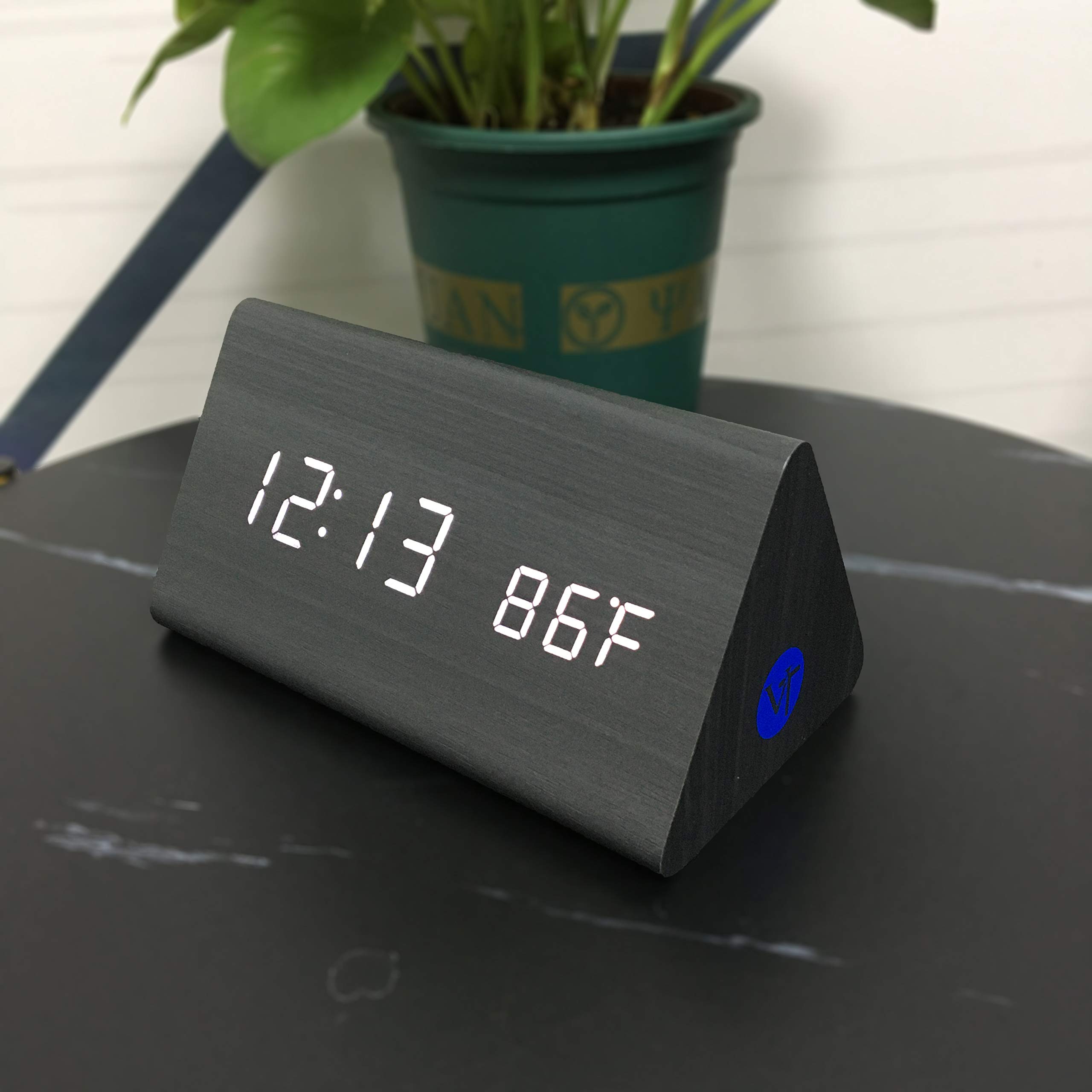 Voltstech Triangle Wooden Digital Alarm Clock with LED Display 3 Alarm Settings 4 Level Brightness Temperature Time Date for Bedroom Black - View 5 of 9