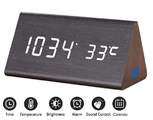 Voltstech Triangle Wooden Digital Alarm Clock with LED Display 3 Alarm Settings 4 Level Brightness Temperature Time Date for Bedroom Black - View 6 of 9