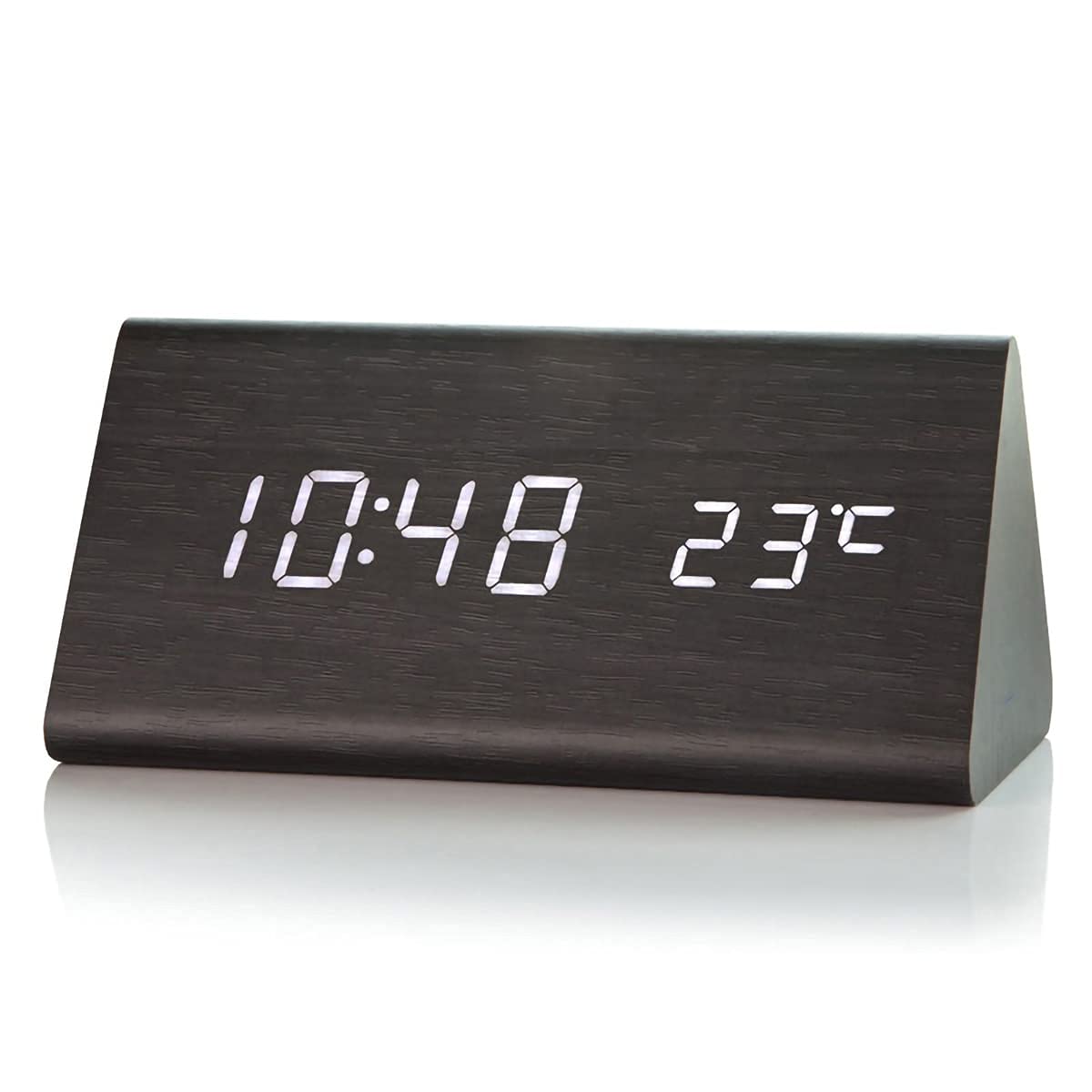 Voltstech Triangle Wooden Digital Alarm Clock with LED Display 3 Alarm Settings 4 Level Brightness Temperature Time Date for Bedroom Black - View 8 of 9