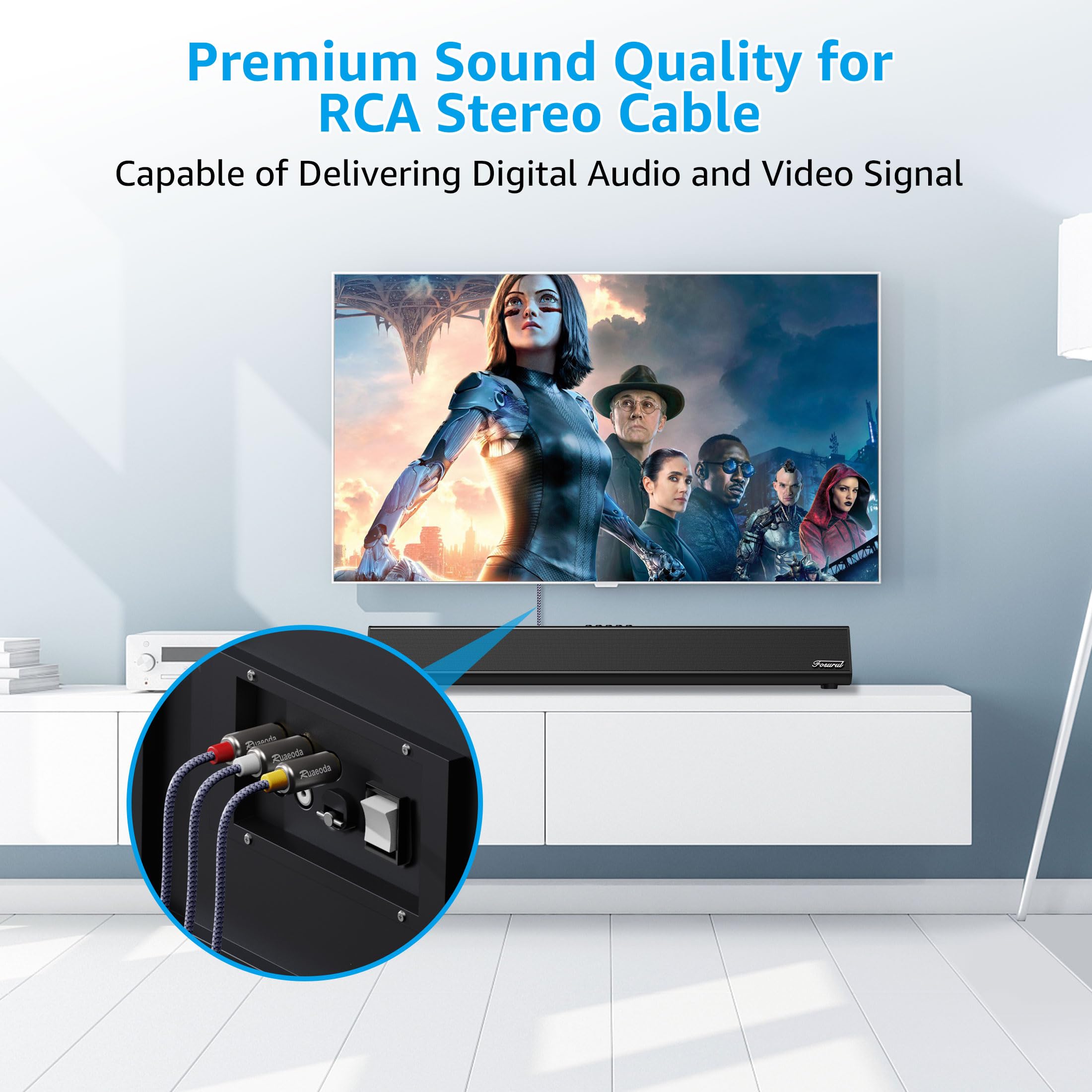 Ruaeoda 6ft AV Cable 3RCA to 3RCA Shielded Gold Plated for Set-Top Box Speaker Amplifier DVD Player - View 4 of 7