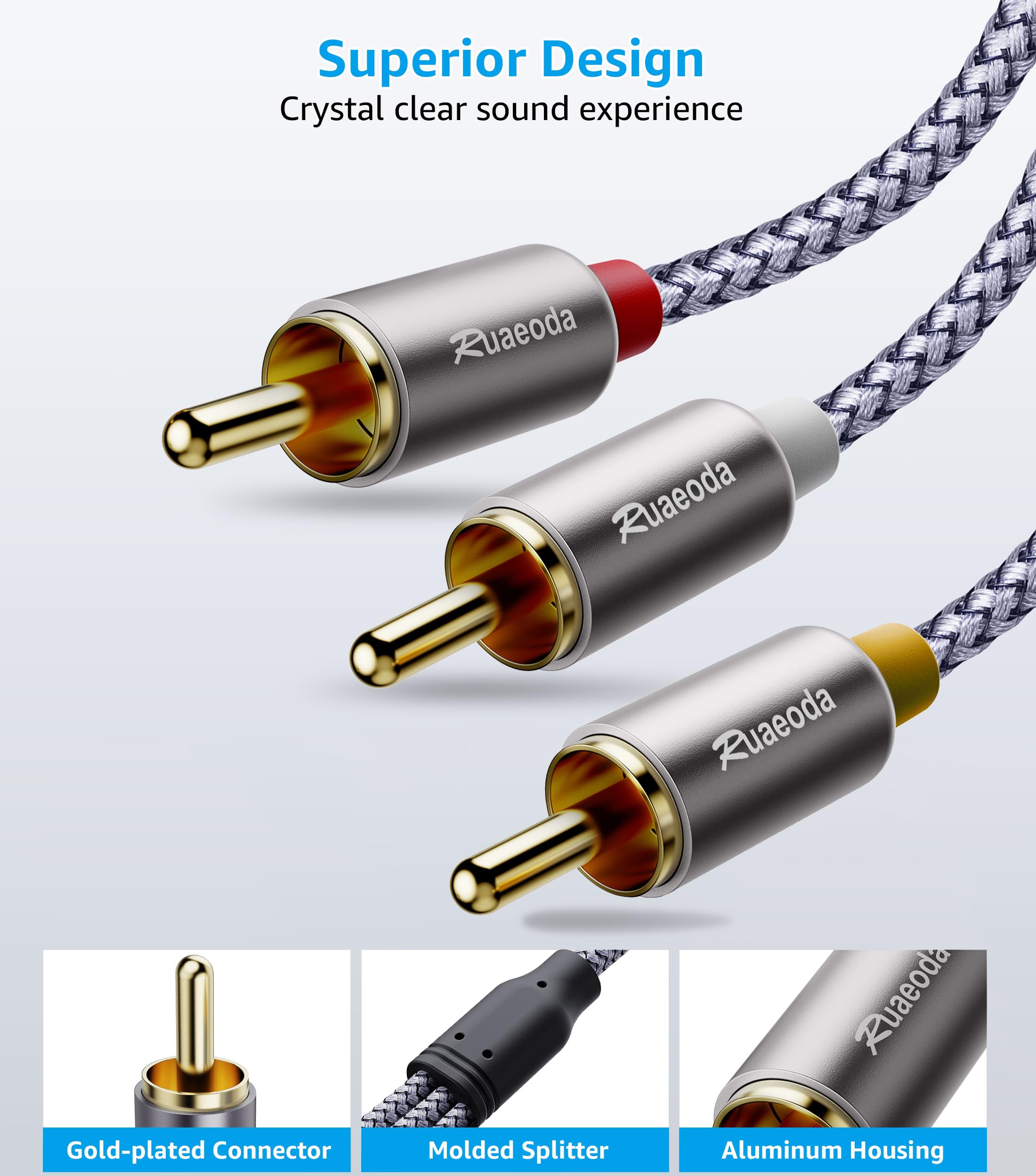 Ruaeoda 6ft AV Cable 3RCA to 3RCA Shielded Gold Plated for Set-Top Box Speaker Amplifier DVD Player - View 5 of 7