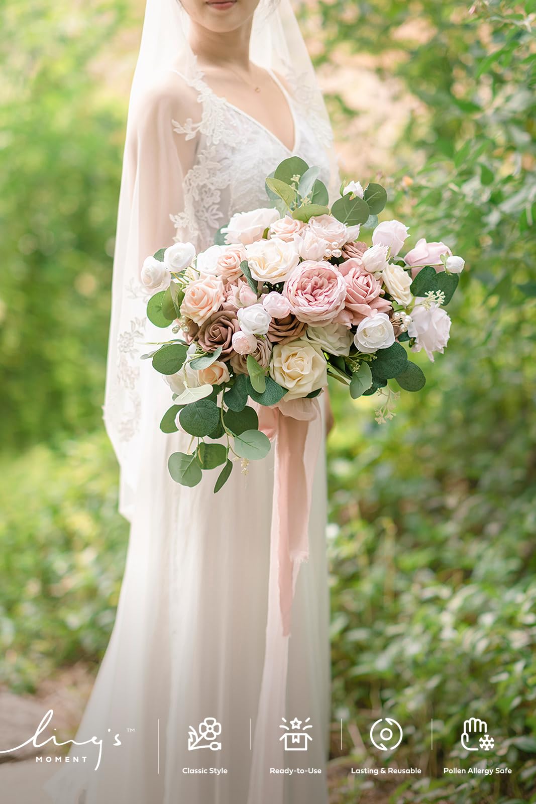 Ling's Moment Pink Wedding Bouquets Dusty Rose Bridal Flowers 15 Inch Free Form Artificial Bouquets for Bride - View 2 of 9