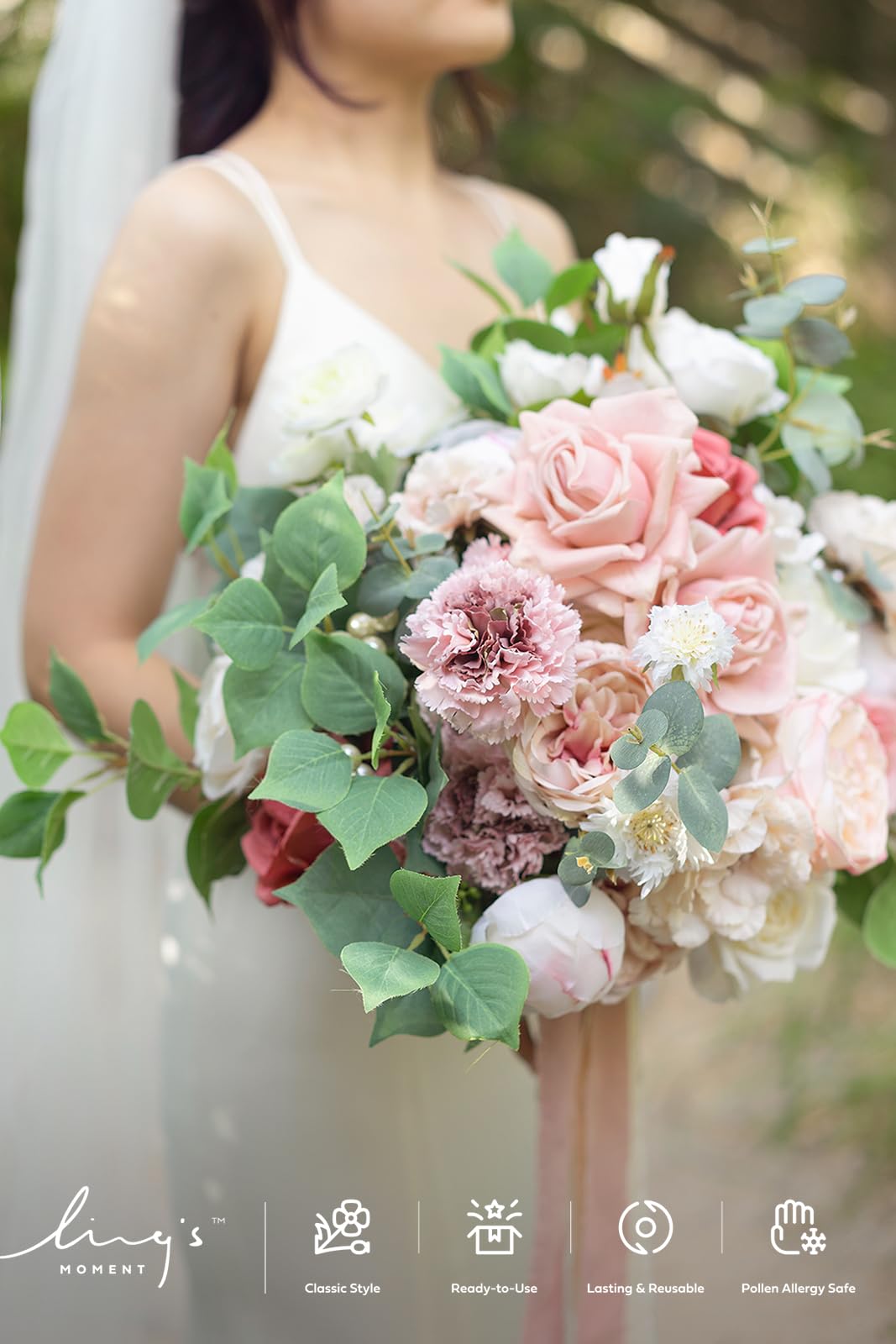 Ling's Moment Pink Wedding Bouquets Dusty Rose Bridal Flowers 15 Inch Free Form Artificial Bouquets for Bride - View 4 of 9