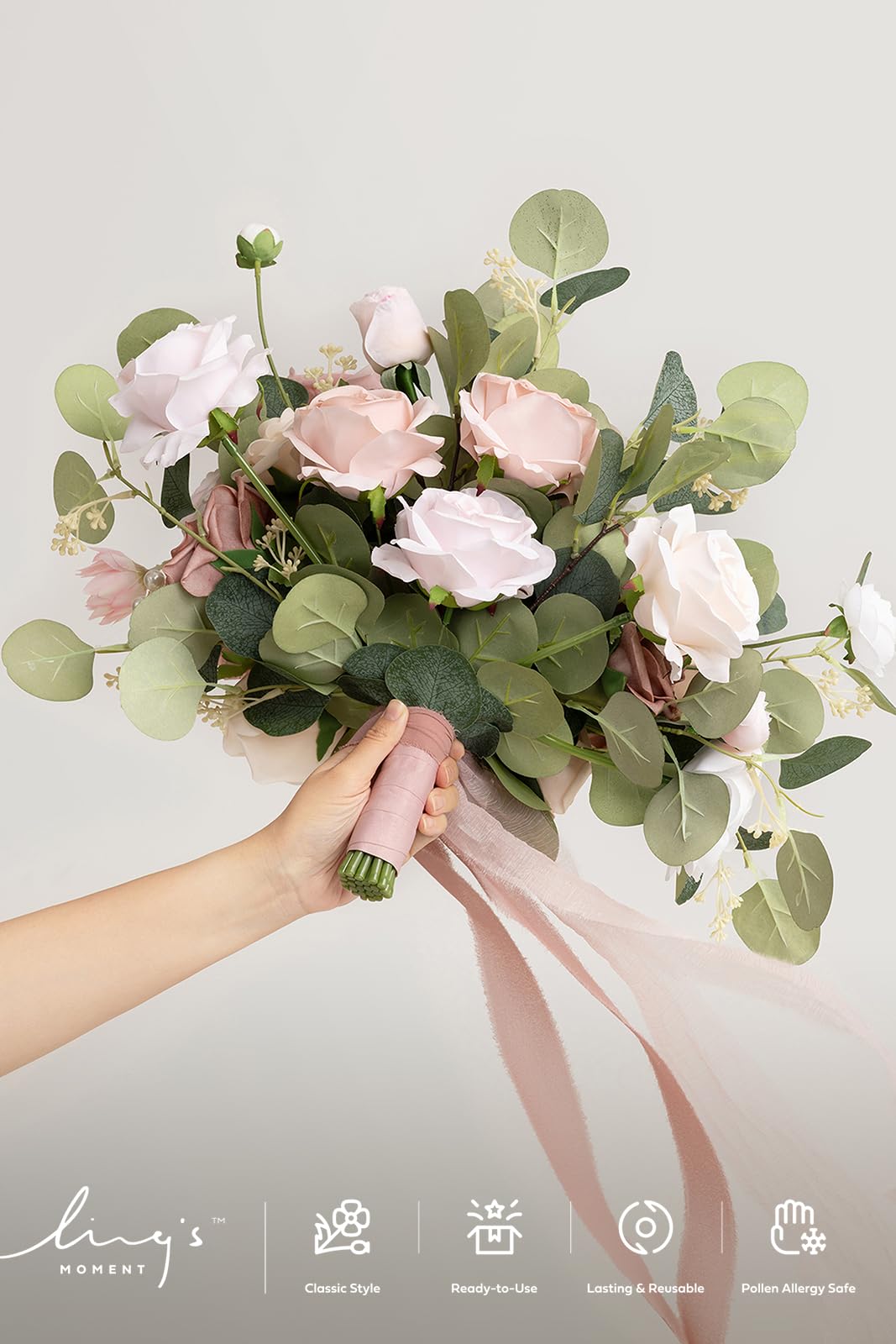 Ling's Moment Pink Wedding Bouquets Dusty Rose Bridal Flowers 15 Inch Free Form Artificial Bouquets for Bride - View 5 of 9