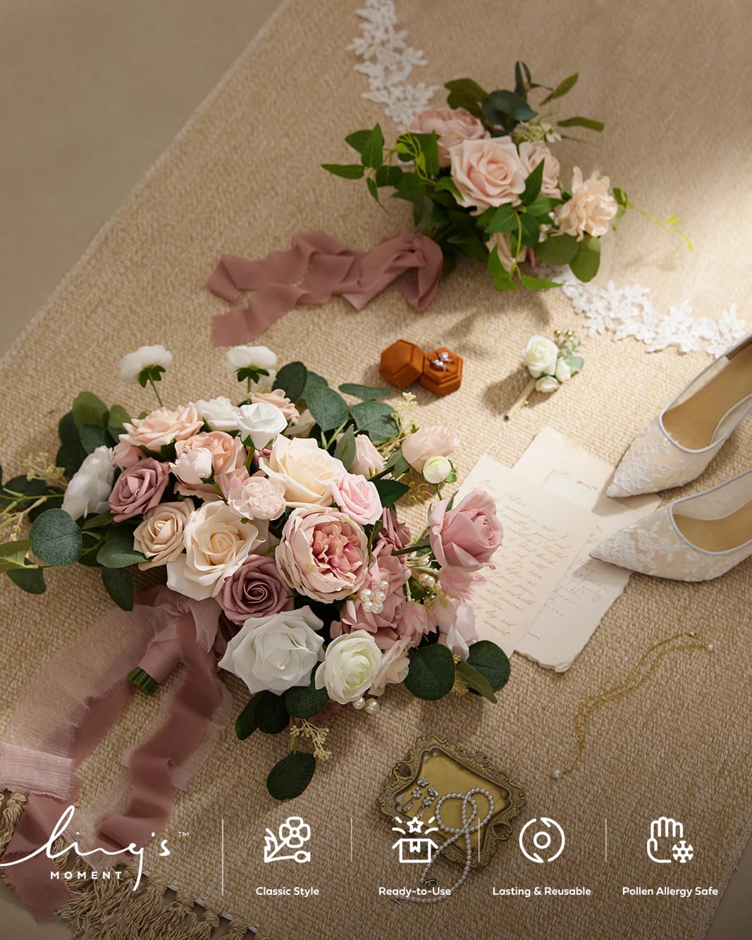 Ling's Moment Pink Wedding Bouquets Dusty Rose Bridal Flowers 15 Inch Free Form Artificial Bouquets for Bride - View 6 of 9