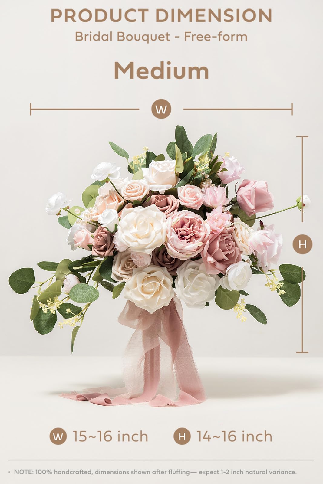 Ling's Moment Pink Wedding Bouquets Dusty Rose Bridal Flowers 15 Inch Free Form Artificial Bouquets for Bride - View 7 of 9