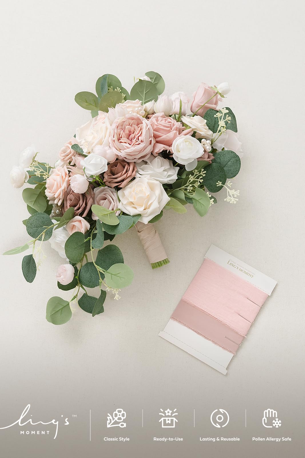 Ling's Moment Pink Wedding Bouquets Dusty Rose Bridal Flowers 15 Inch Free Form Artificial Bouquets for Bride - View 9 of 9