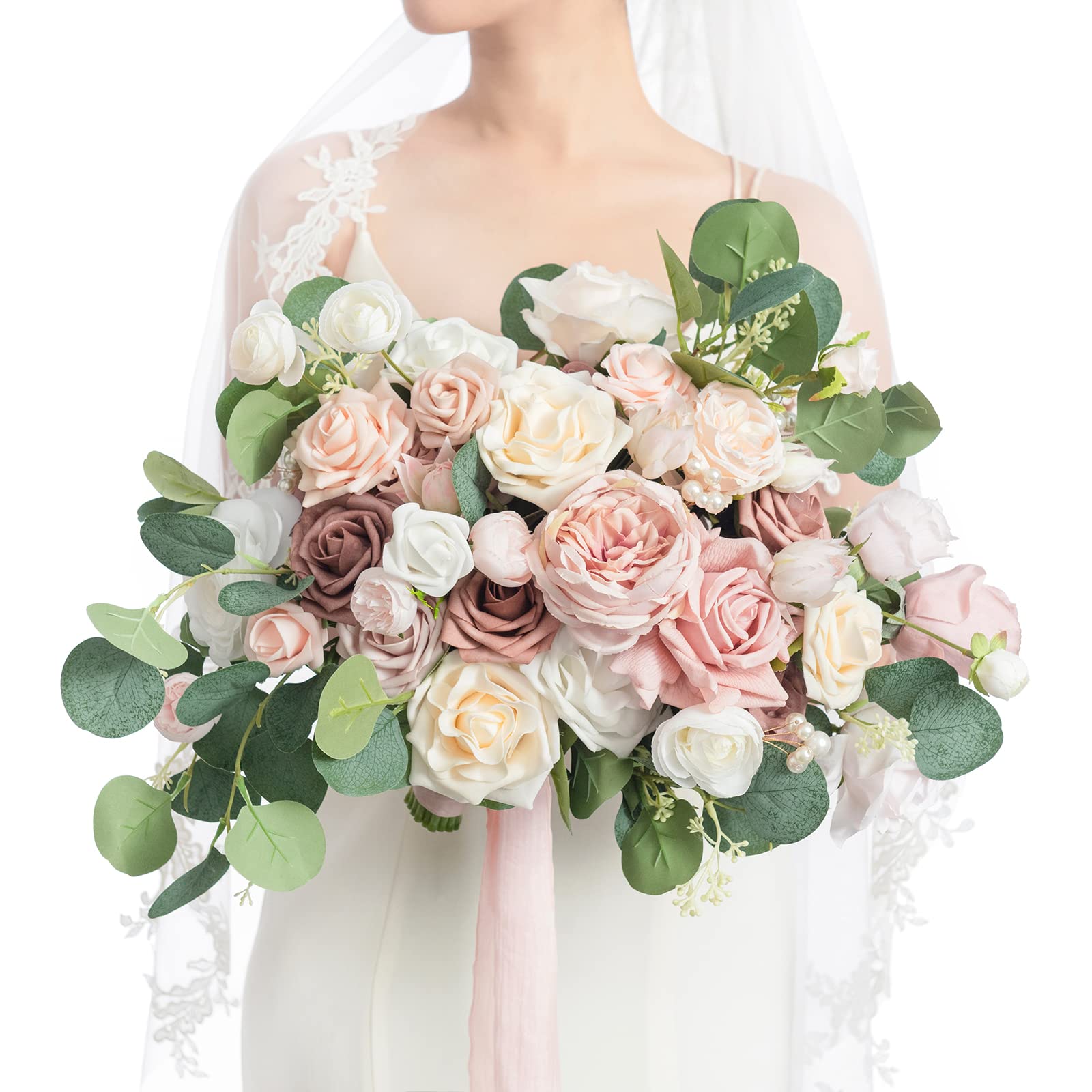 Ling's Moment Pink Wedding Bouquets Dusty Rose Bridal Flowers 15 Inch Free Form Artificial Bouquets for Bride