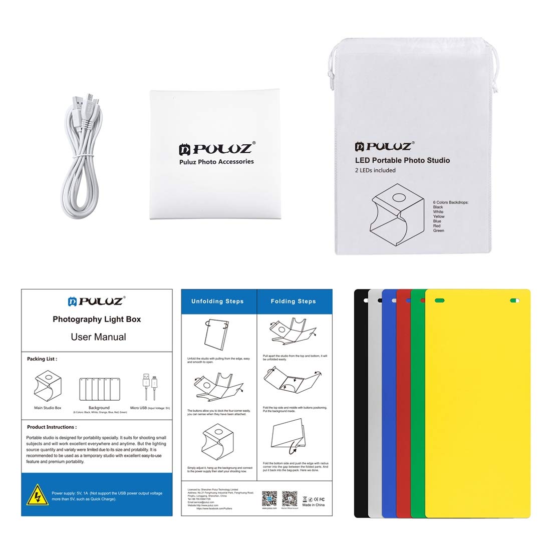 PULUZ Mini Studio Light Box 7.87in Foldable Photography Tent Kit with 40 LED Beads and 6 Color Backdrops for Small Items - View 9 of 9