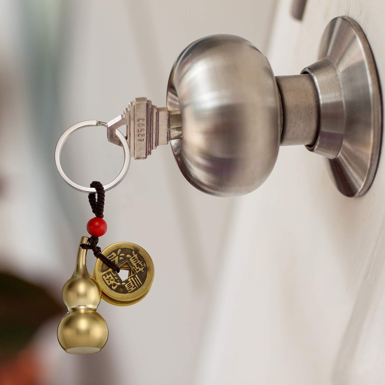 Chinese Coins Feng Shui Brass Wu Lou Health Amulet Keychain Lucky Charms Red String 2025 for Good Luck Fortune Wealth Success - View 2 of 7