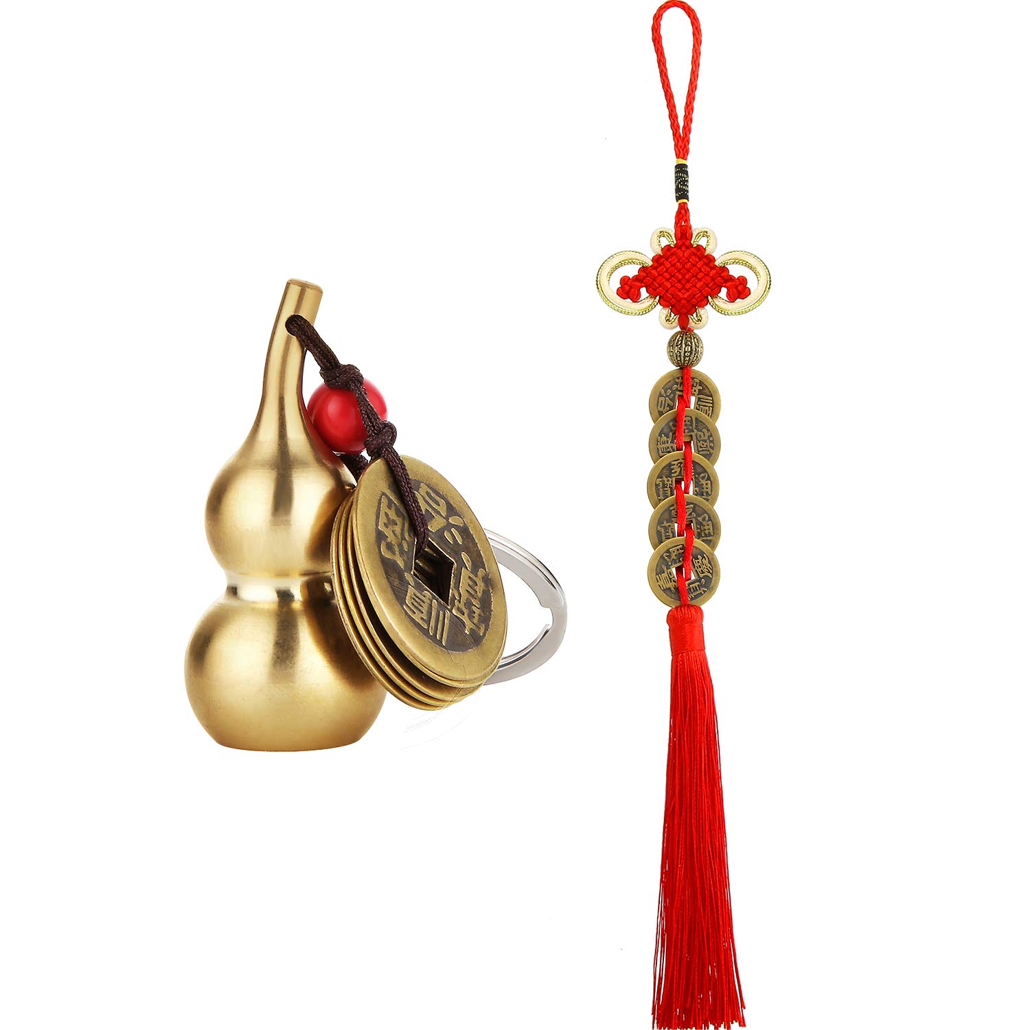 Chinese Coins Feng Shui Brass Wu Lou Health Amulet Keychain Lucky Charms Red String 2025 for Good Luck Fortune Wealth Success