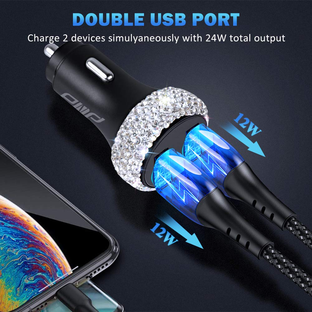 Dual USB Car Charger Quick Charge 3.0 Fast Charging Adapter for iPhone iPad Samsung Google Pixel Bling Car Decor Pure White - View 3 of 8