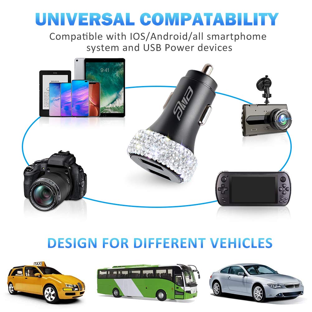 Dual USB Car Charger Quick Charge 3.0 Fast Charging Adapter for iPhone iPad Samsung Google Pixel Bling Car Decor Pure White - View 5 of 8