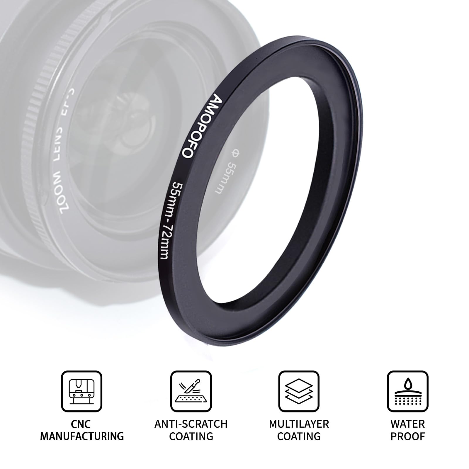AMOPOFO 55mm to 72mm Step Up Ring Filter Adapter for UV ND CPL Aluminum Black - View 3 of 6