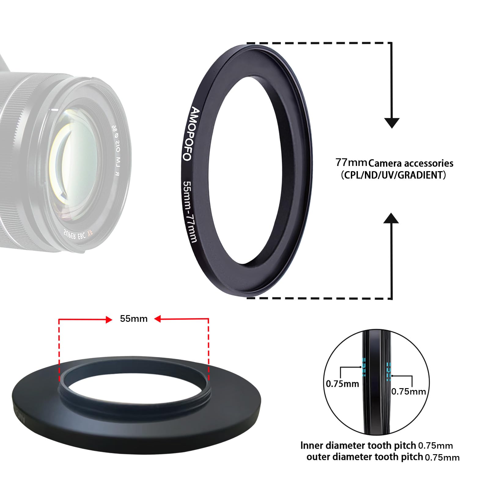 55mm to 77mm Step Up Ring Filter Adapter for Camera UV ND CPL Filters Metal Design - View 3 of 5