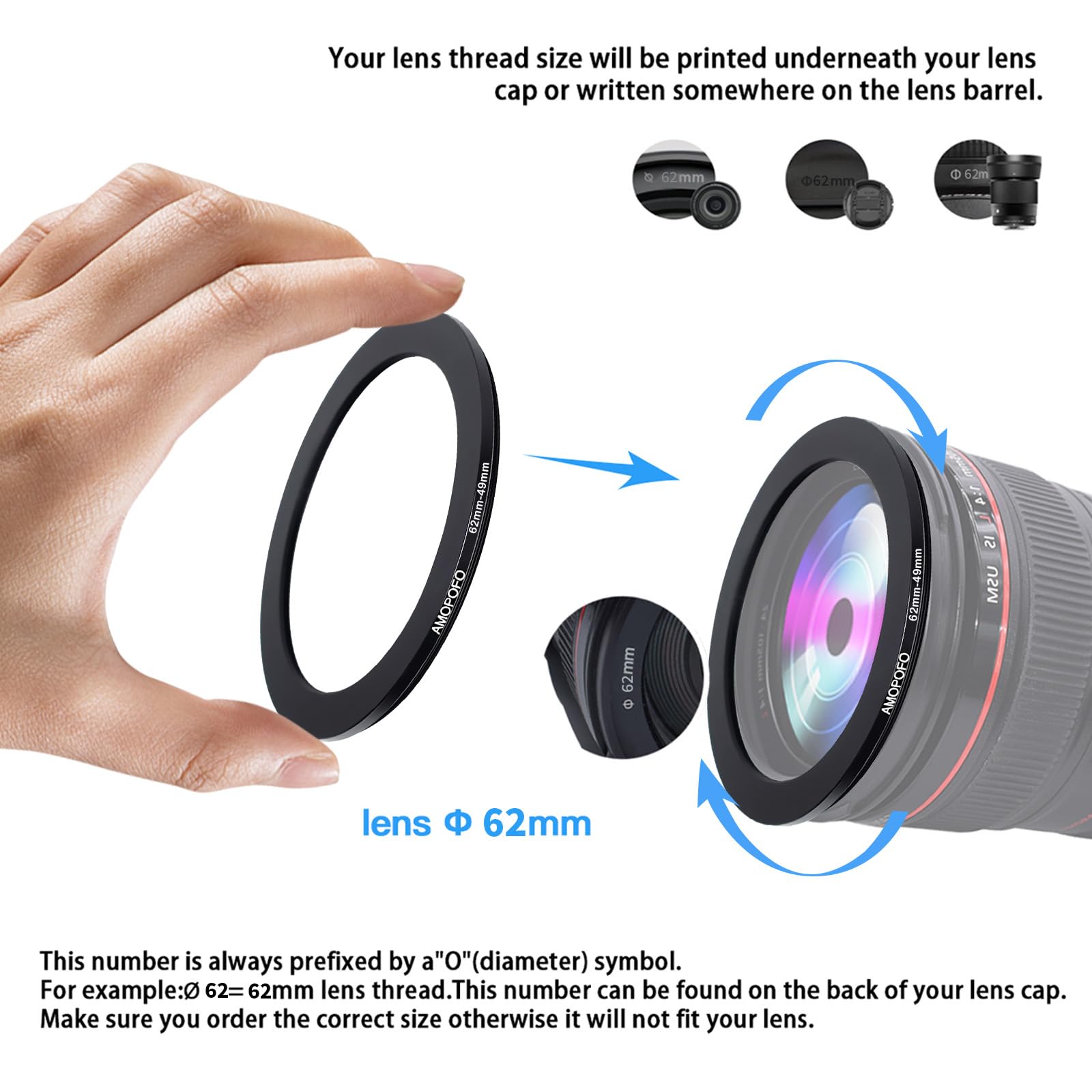 62mm to 49mm Camera Filter Ring Step Down Adapter for 49mm UV ND CPL Metal Filter - View 3 of 5