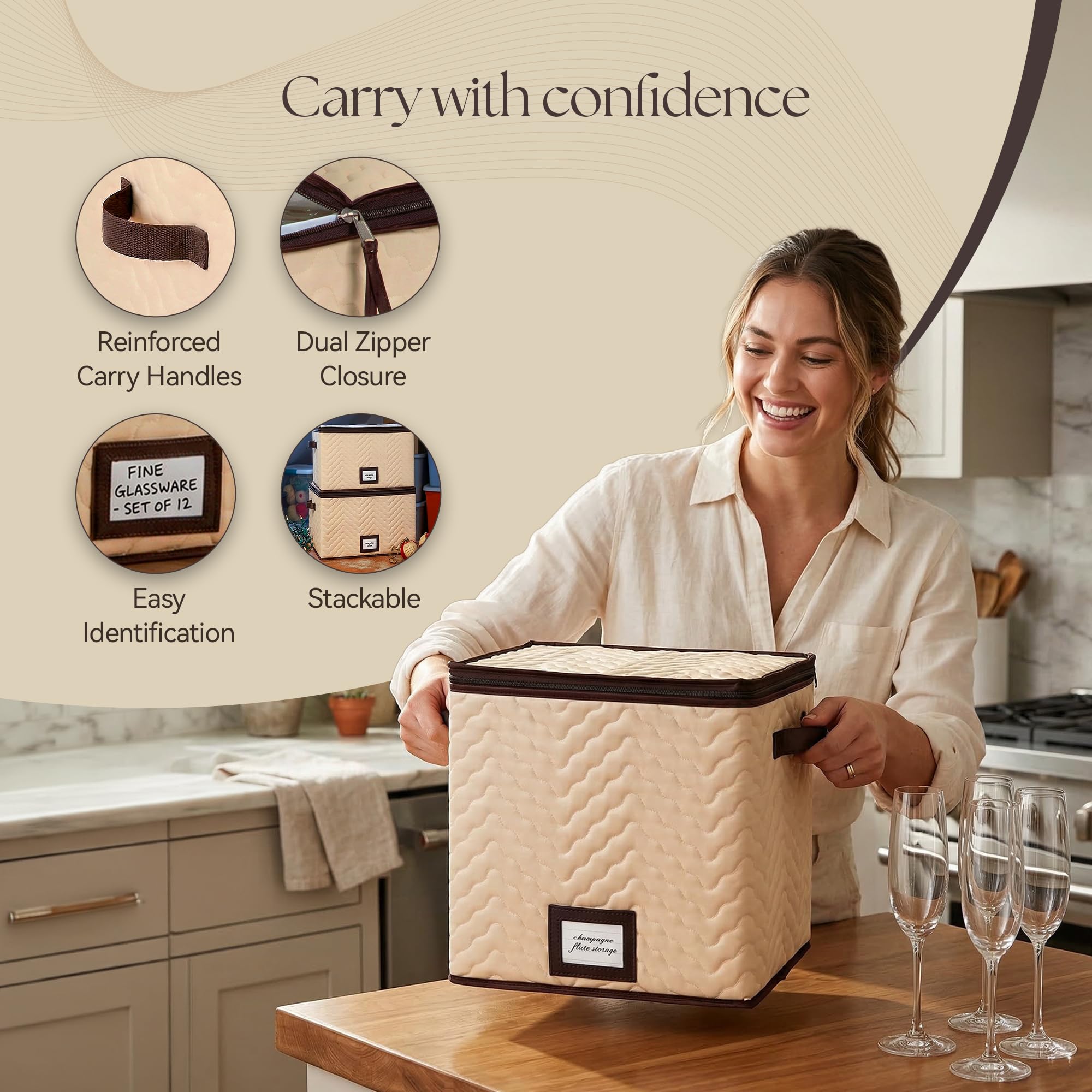 HOLDN STORAGE Durable Wine Glass Storage Box with Dividers - Holds 12 Champagne Flutes, Protects Stemware & Fine China - View 5 of 8