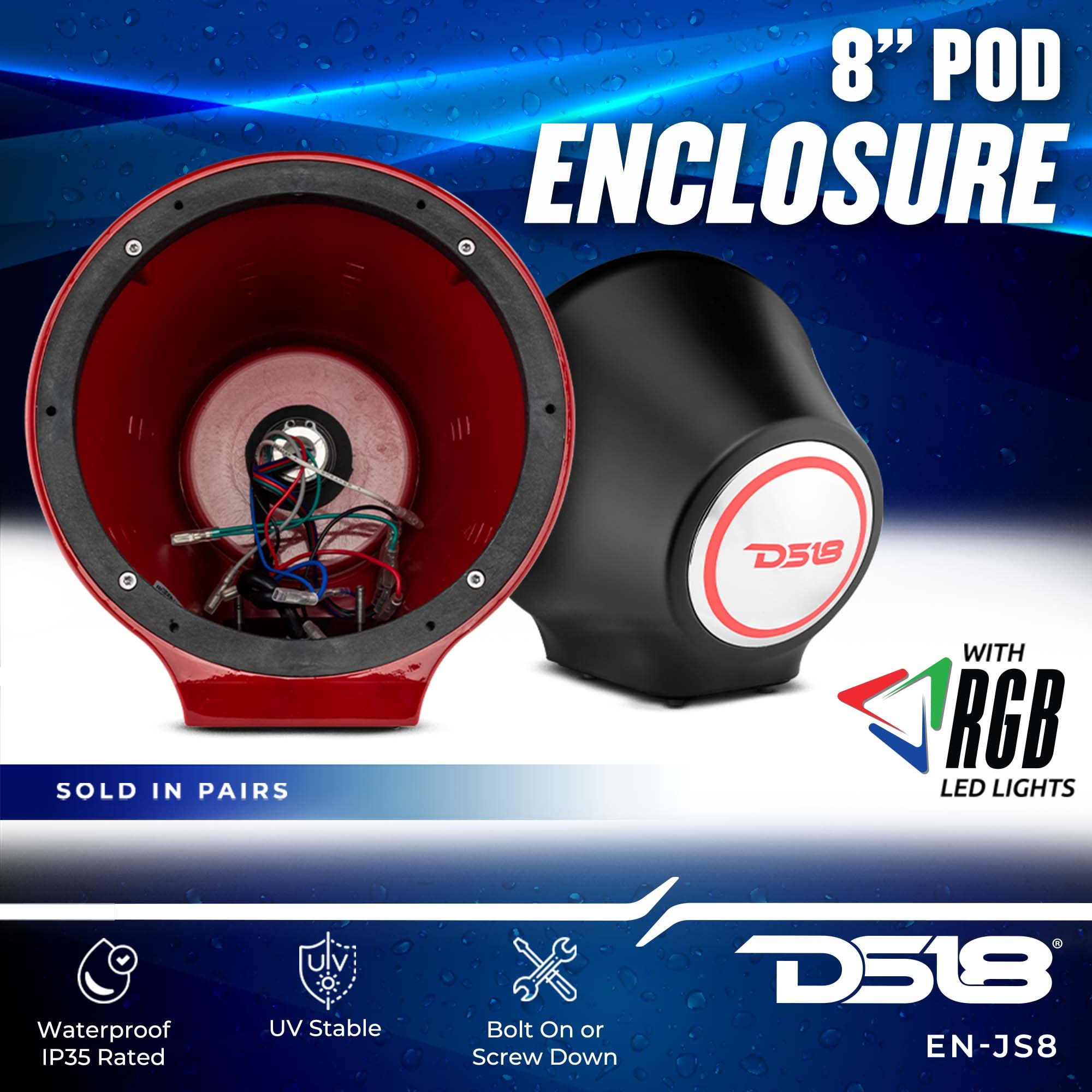 DS18 NXL-JS8 Red Flat Mount POD Universal Enclosure 8 Inch for Jet Ski Marine Jeep UTV ATV Pair No Speaker - View 2 of 9