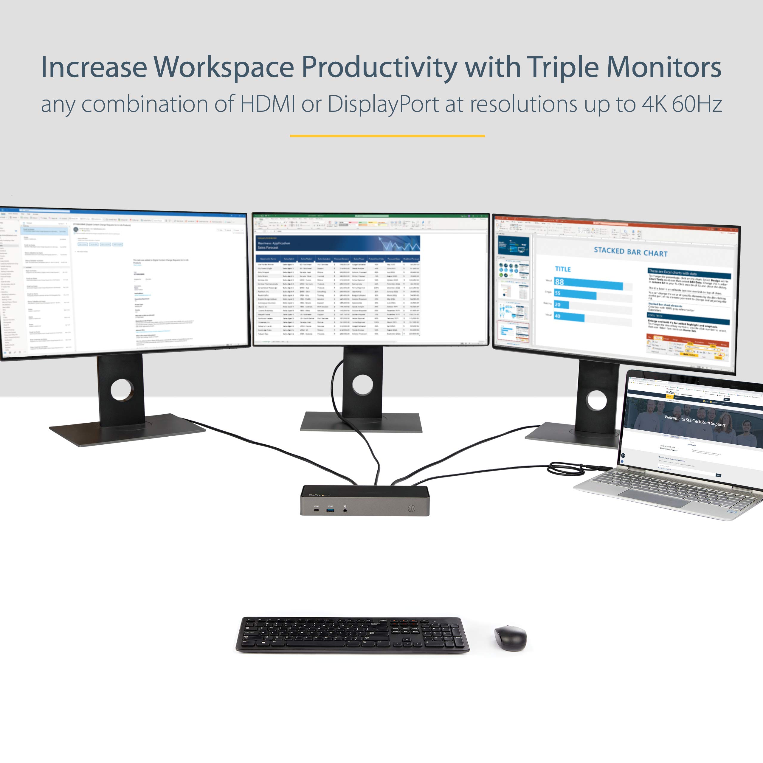 StarTech.com StarTech USB-C USB-A Dock Triple Monitor Laptop Docking Station 4K 60Hz 85W PD 6x USB Hub 10Gbps GbE Audio TAA - View 2 of 9