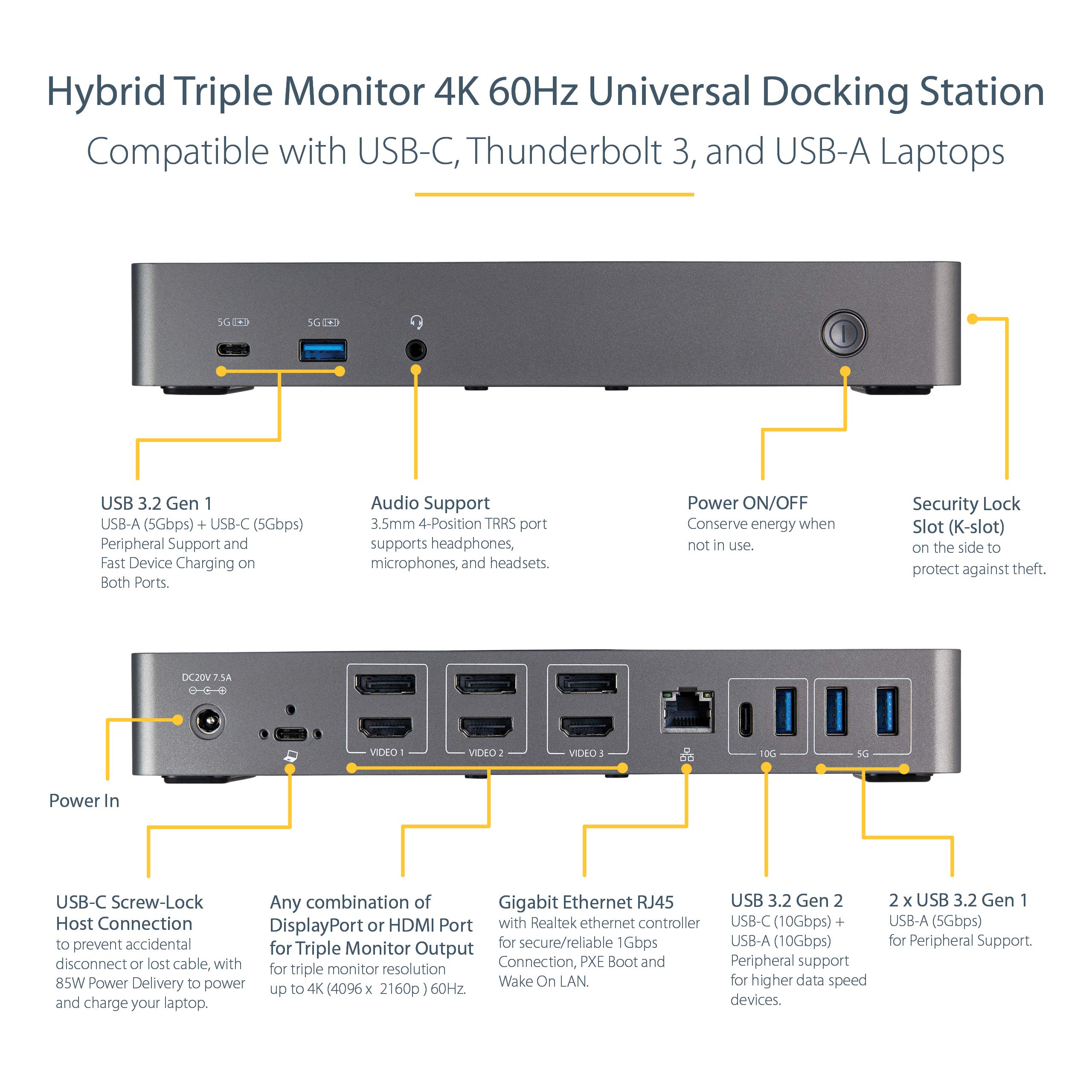 StarTech.com StarTech USB-C USB-A Dock Triple Monitor Laptop Docking Station 4K 60Hz 85W PD 6x USB Hub 10Gbps GbE Audio TAA - View 3 of 9