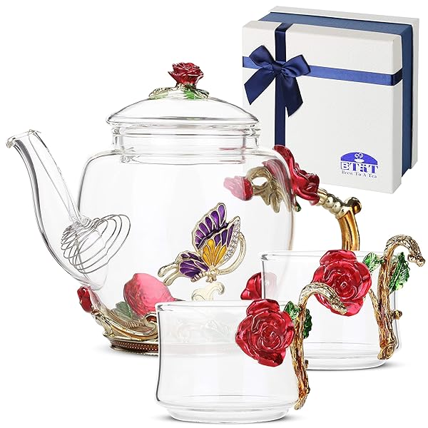 Brew To A Tea BTaT Floral Glass Tea Set with 2 Fancy Cups and Teapot Perfect for Adults Ideal Valentines Gift