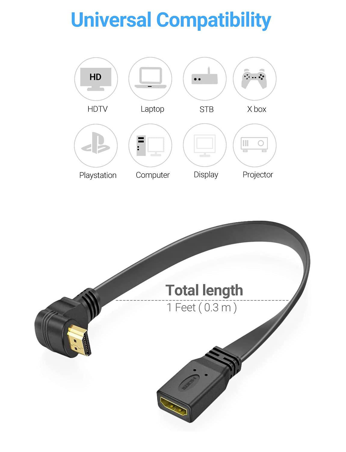 URWOOW HDMI Extension Cable High Speed 90 Degree Male to Female 1FT Gold Plated HDMI Extender Wire Cord - View 5 of 7