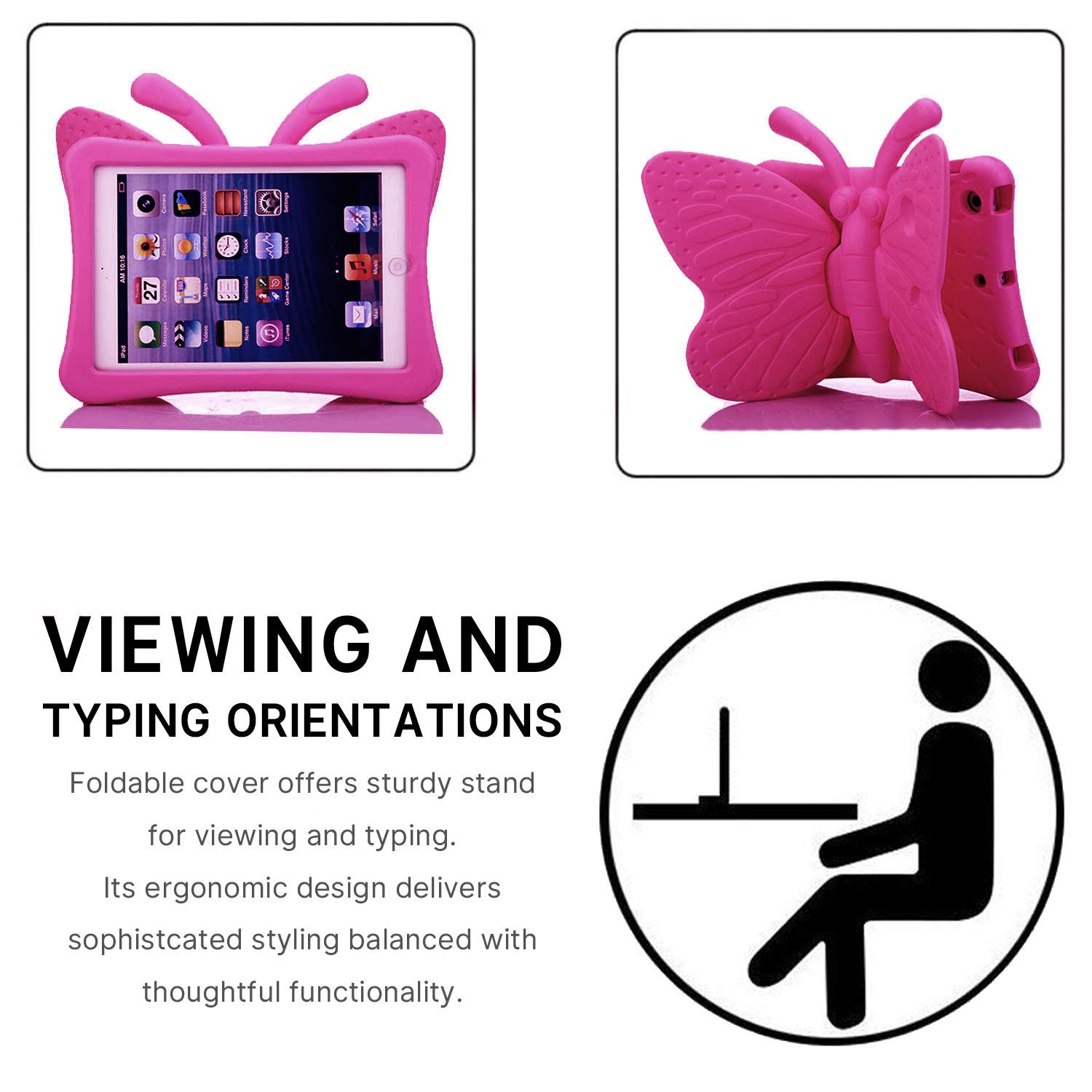 Simicoo iPad 9 8 10.2 Cute Butterfly Case for Kids Shockproof Heavy Duty Tablet Case with Stand Rose Color - View 4 of 7
