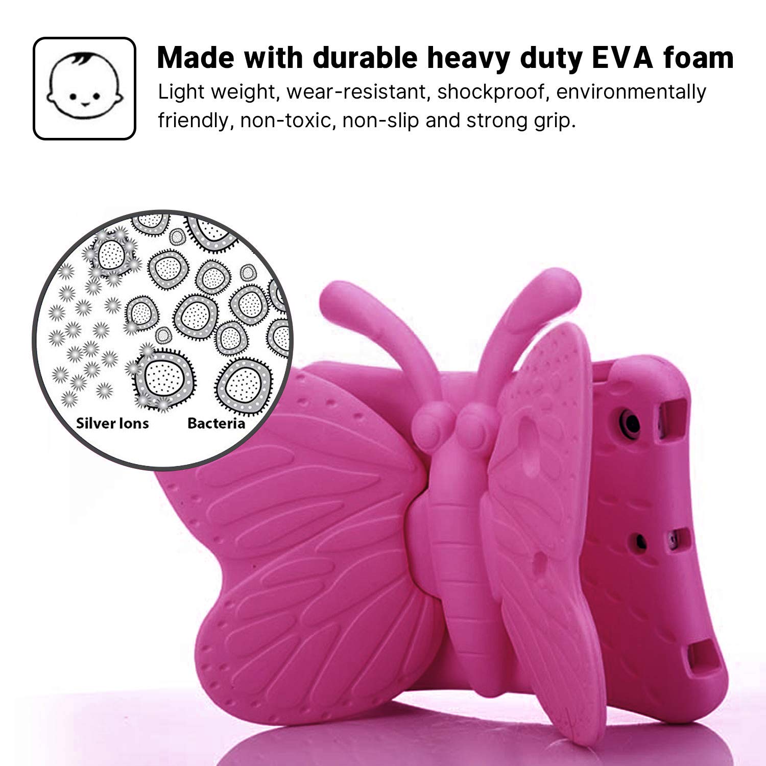 Simicoo iPad 9 8 10.2 Cute Butterfly Case for Kids Shockproof Heavy Duty Tablet Case with Stand Rose Color - View 6 of 7