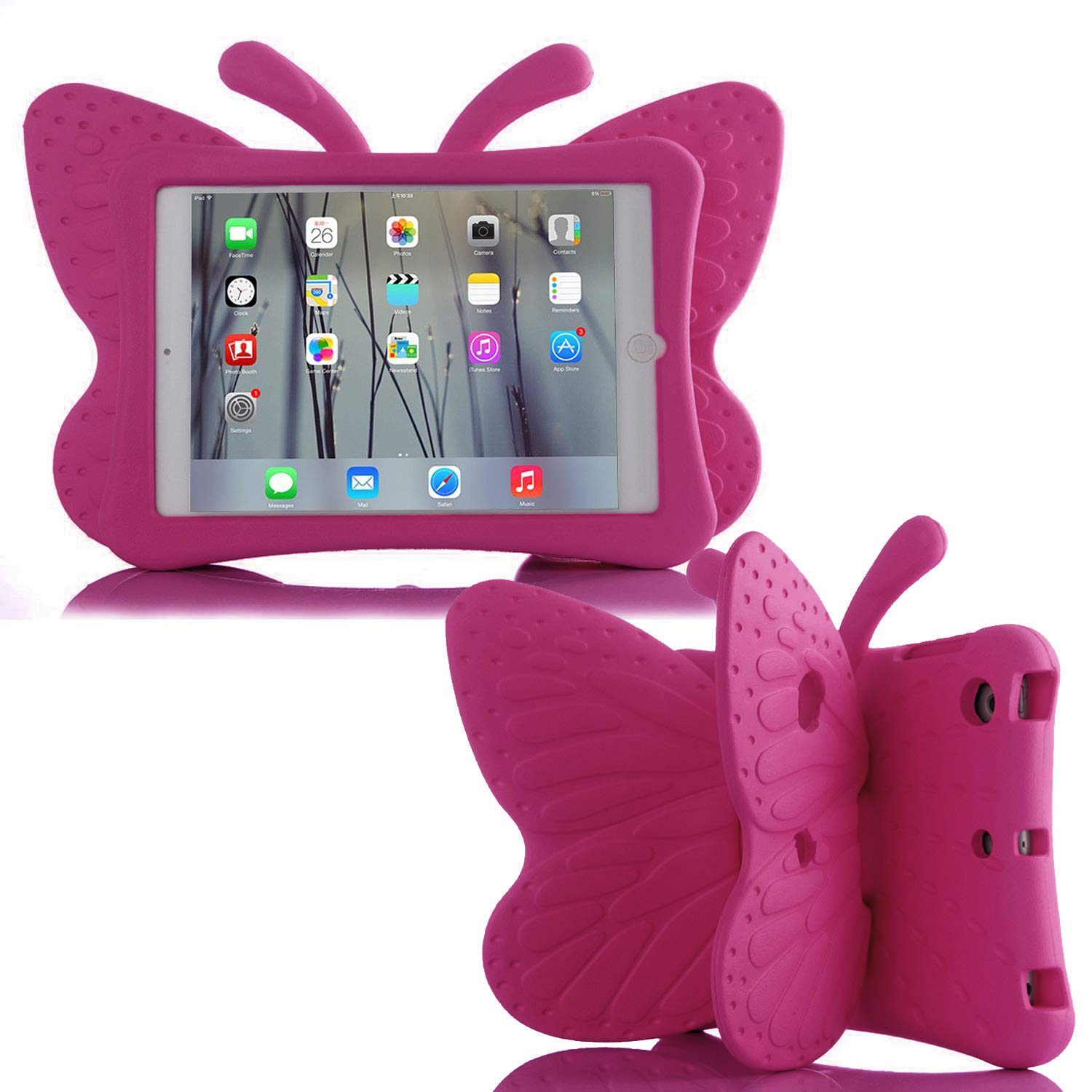 Simicoo iPad 9 8 10.2 Cute Butterfly Case for Kids Shockproof Heavy Duty Tablet Case with Stand Rose Color