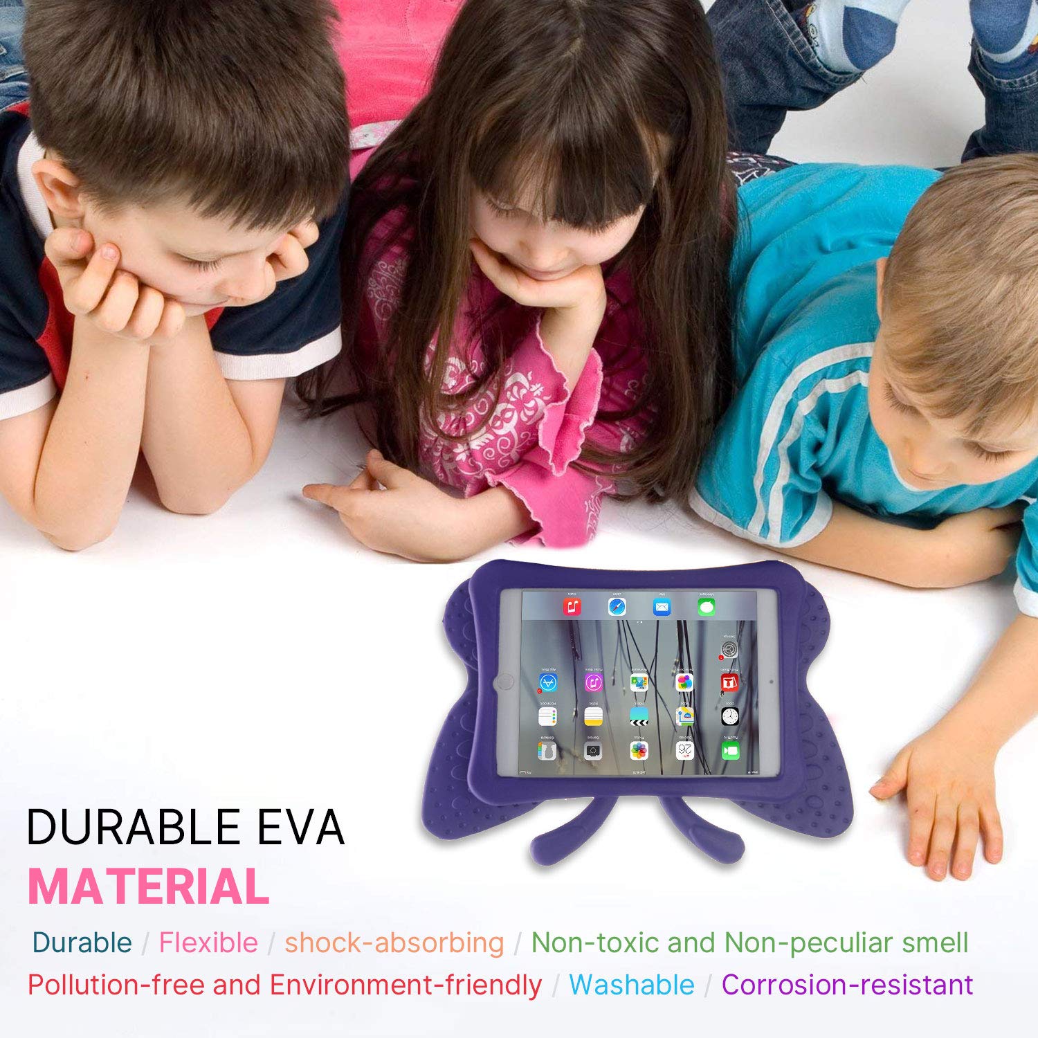 Simicoo 3D Cute Butterfly iPad Case for Kids 10.2 8 7 Shockproof Rugged EVA Foam Stand for Girls and Children Purple - View 2 of 7