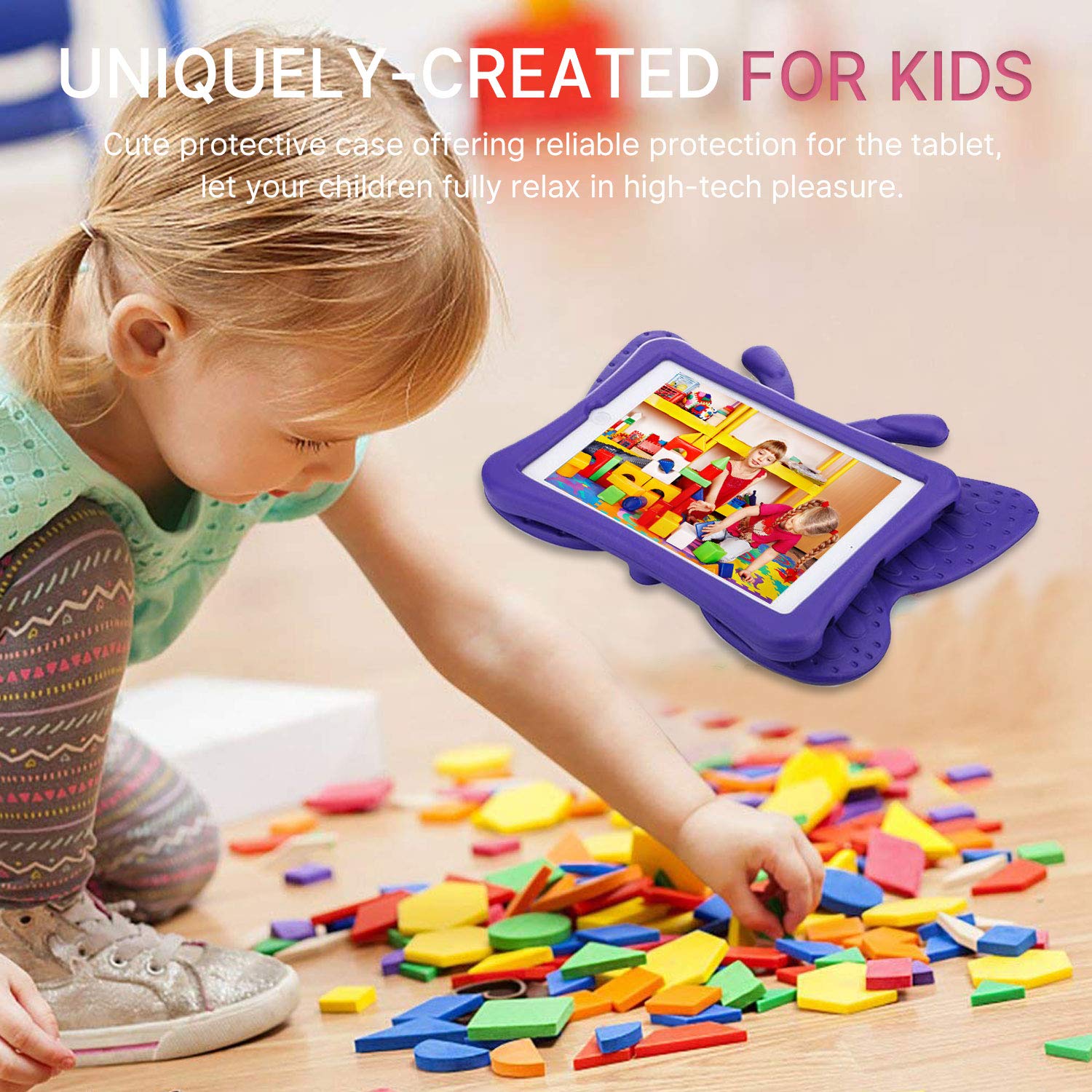 Simicoo 3D Cute Butterfly iPad Case for Kids 10.2 8 7 Shockproof Rugged EVA Foam Stand for Girls and Children Purple - View 3 of 7