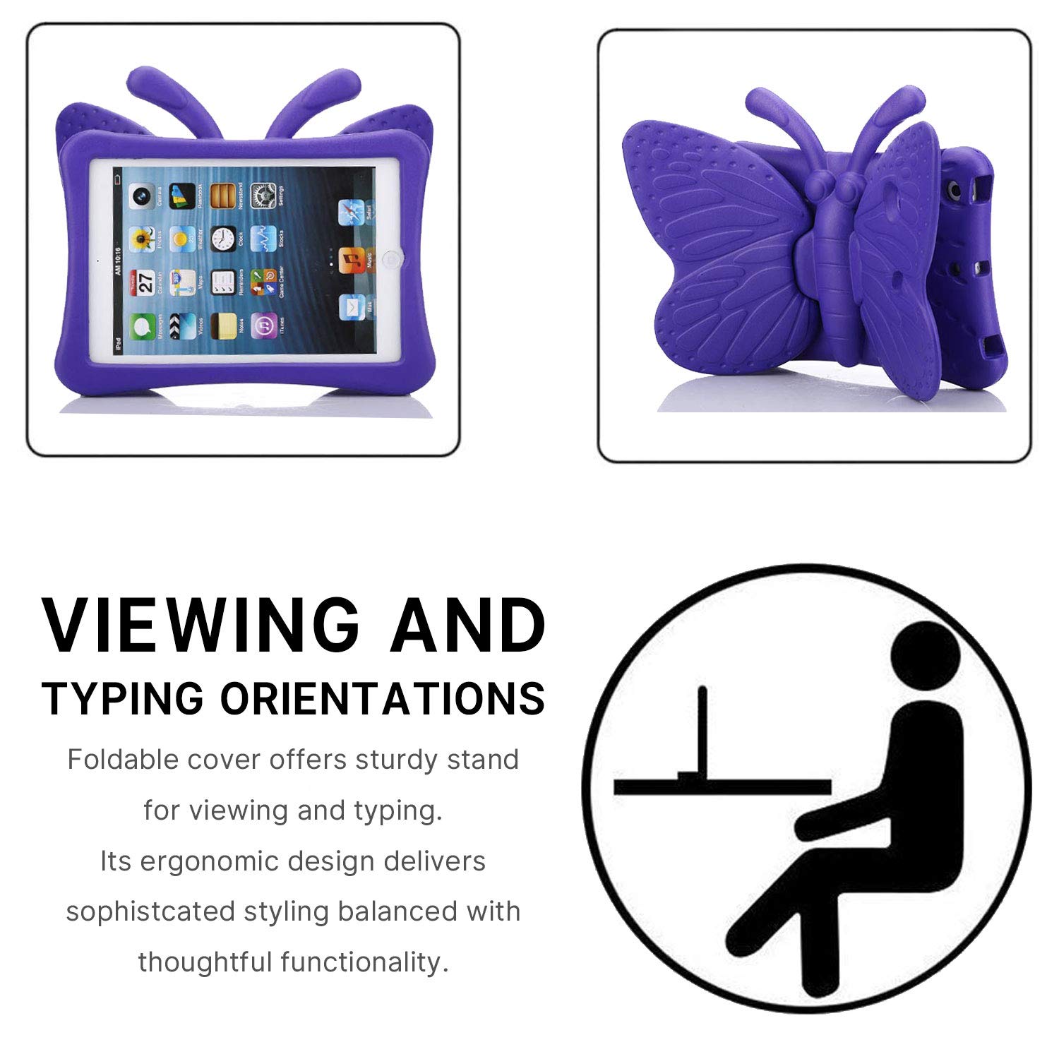 Simicoo 3D Cute Butterfly iPad Case for Kids 10.2 8 7 Shockproof Rugged EVA Foam Stand for Girls and Children Purple - View 4 of 7