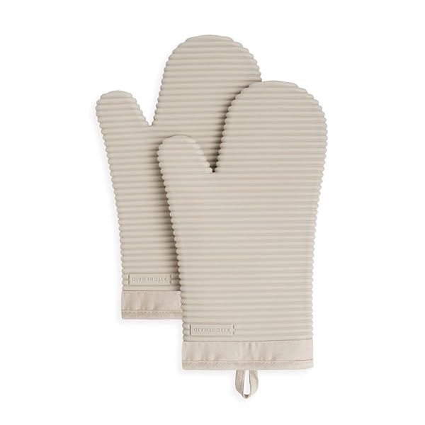 KitchenAid "KitchenAid Ribbed Soft Silicone Oven Mitt Set - 2 Count, 7"x13", Milkshake Color for Ultimate Heat Protection"