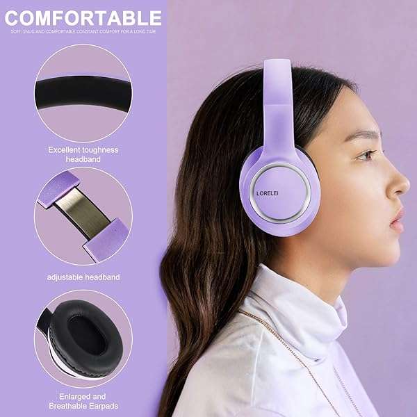 LORELEI LORELEI X8 Over-Ear Wired Headphones: Lightweight, Foldable, Tangle-Free with Microphone for Smartphones & Tablets (Dark Purple) - View 4 of 9