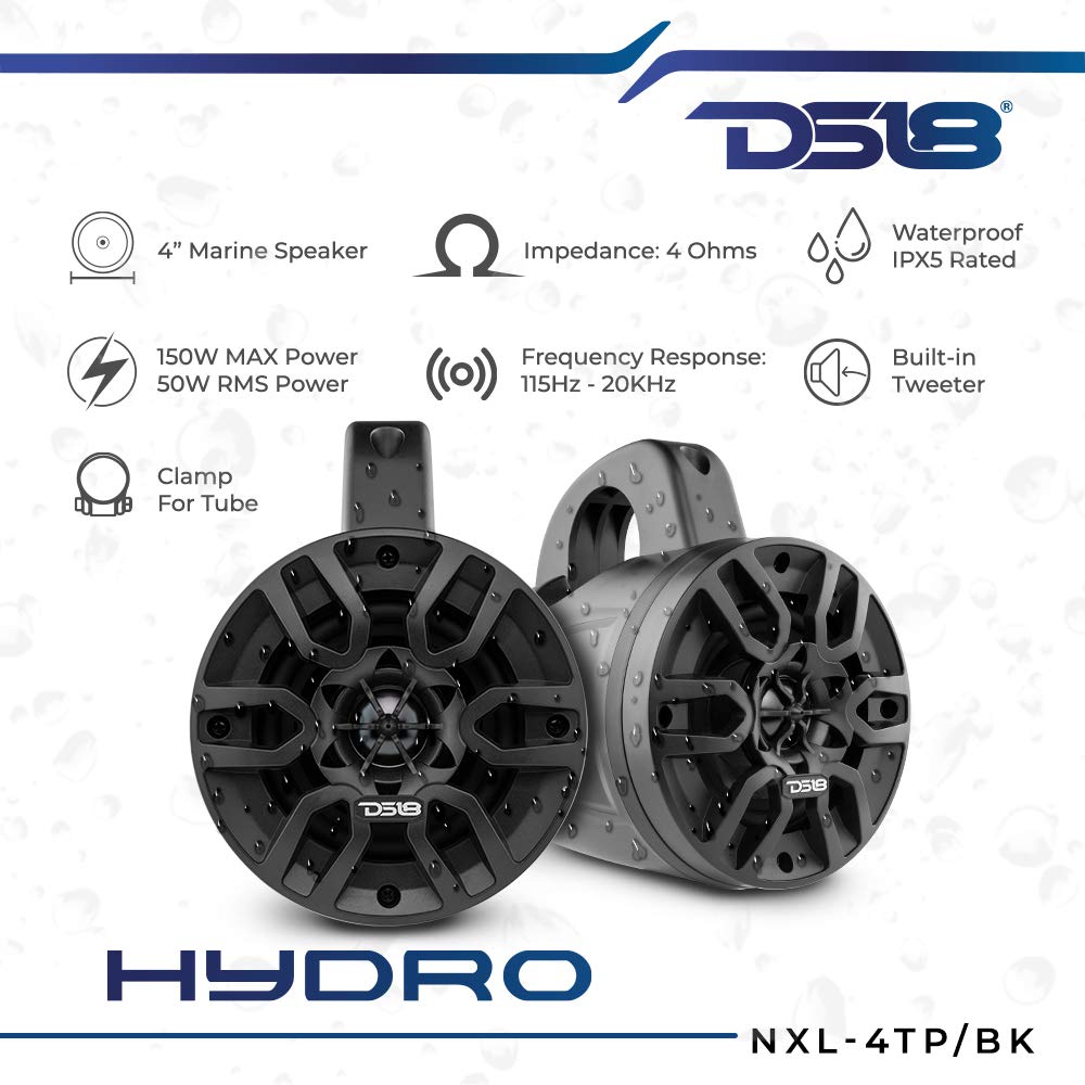 DS18 Hydro NXL-4TPBK Black Marine Tower Speaker 4 Inch 2 Way 150W Max UV Stable IPX5 for UTV ATV and Jeeps Pair - View 2 of 8