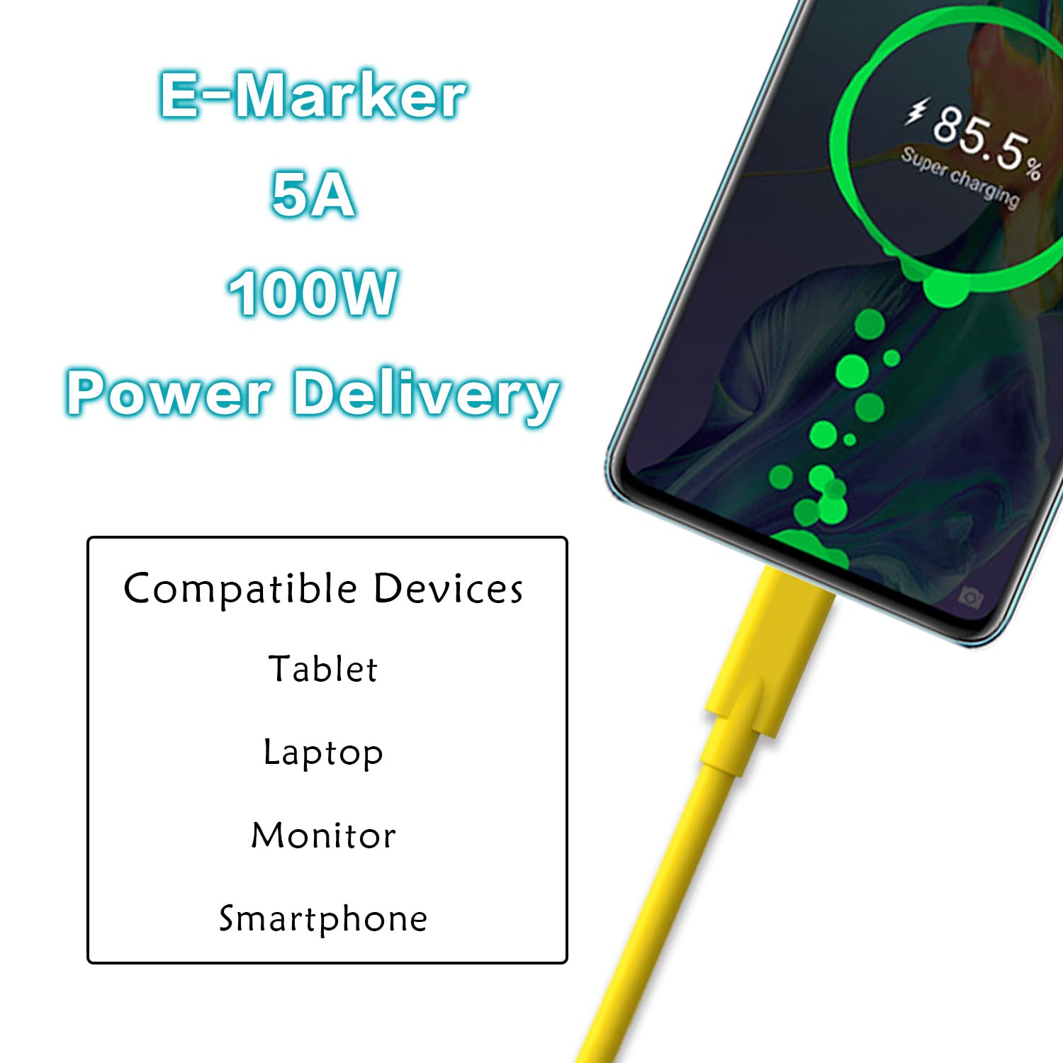 Easonunion USB C to USB C 3.1 Gen 2 Cable 100W PD 10Gbps Data Transfer Fast Charging Type C Cord 3.3Ft Yellow Compatible with Devices - View 5 of 7