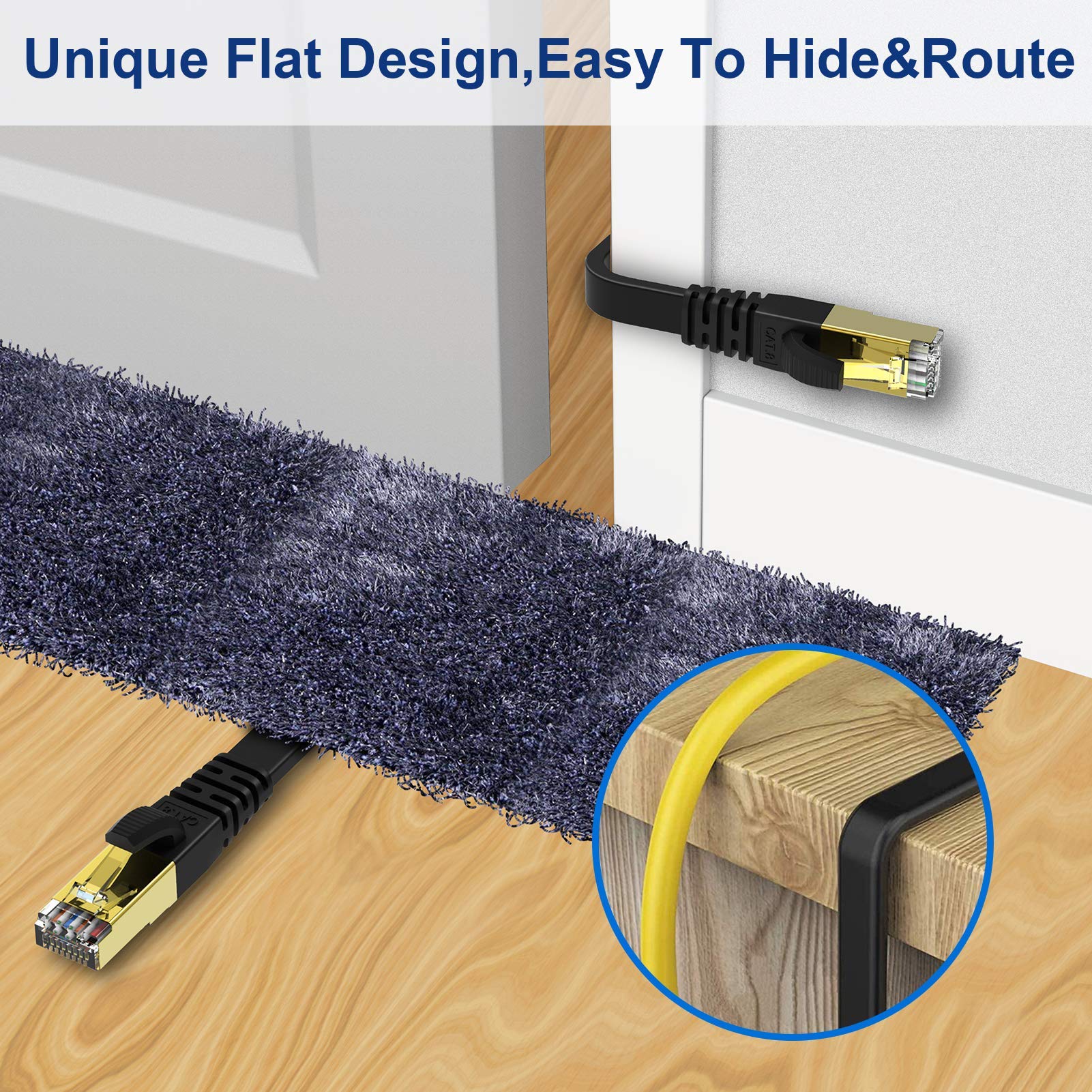 KASIMO Cat 8 Flat Ethernet Cable 6ft High Speed 40Gbps 2000MHz SSTP Network Patch Cord with Gold Plated RJ45 Connector - View 3 of 8