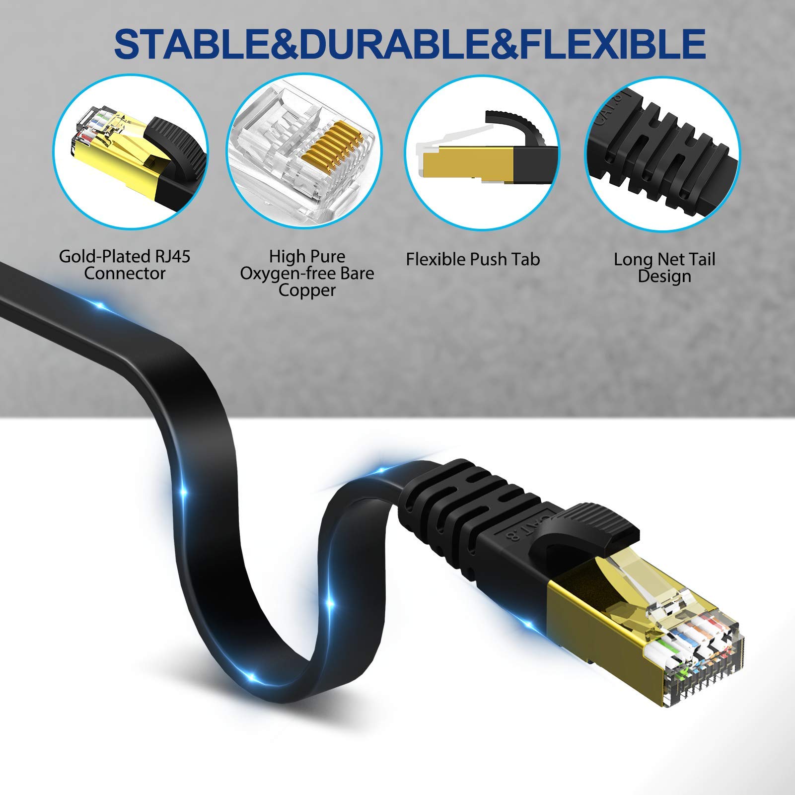 KASIMO Cat 8 Flat Ethernet Cable 6ft High Speed 40Gbps 2000MHz SSTP Network Patch Cord with Gold Plated RJ45 Connector - View 4 of 8