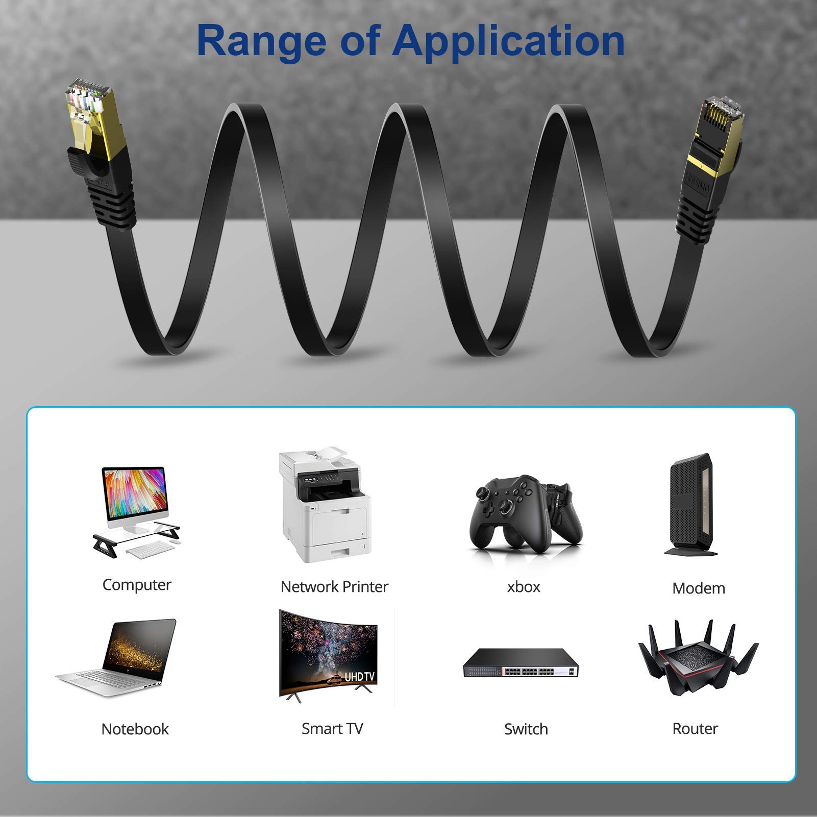 KASIMO Cat 8 Flat Ethernet Cable 6ft High Speed 40Gbps 2000MHz SSTP Network Patch Cord with Gold Plated RJ45 Connector - View 7 of 8