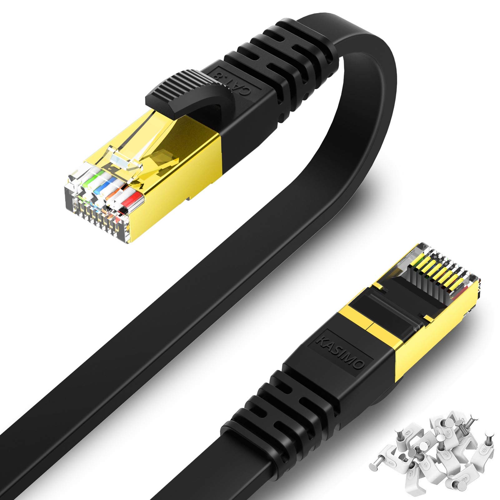 KASIMO Cat 8 Flat Ethernet Cable 20ft High Speed 40Gbps 2000MHz SSTP Network Patch Cord with Gold Plated RJ45 Connector