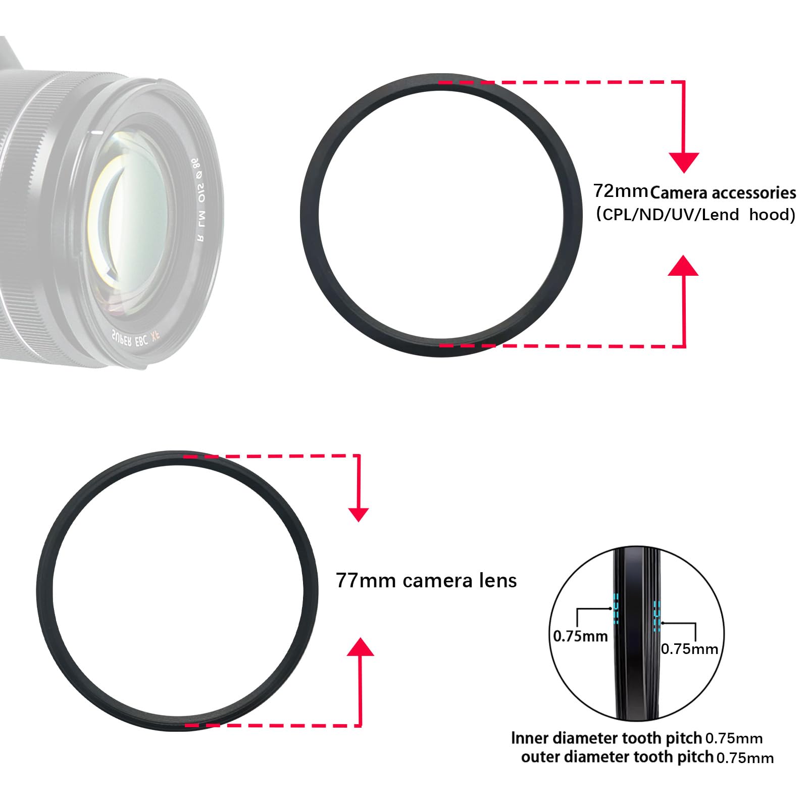 77mm to 72mm Camera Filter Ring Step Down Adapter for 72mm UV ND CPL Metal Filter - View 3 of 5