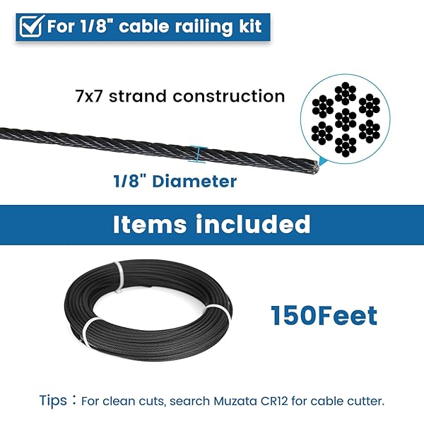 Muzata Buy Muzata 150 ft Black Stainless Steel Cable Railing Kit - T316 Wire Rope, 1800 lb Strength for Indoor/Outdoor Use - View 4 of 8