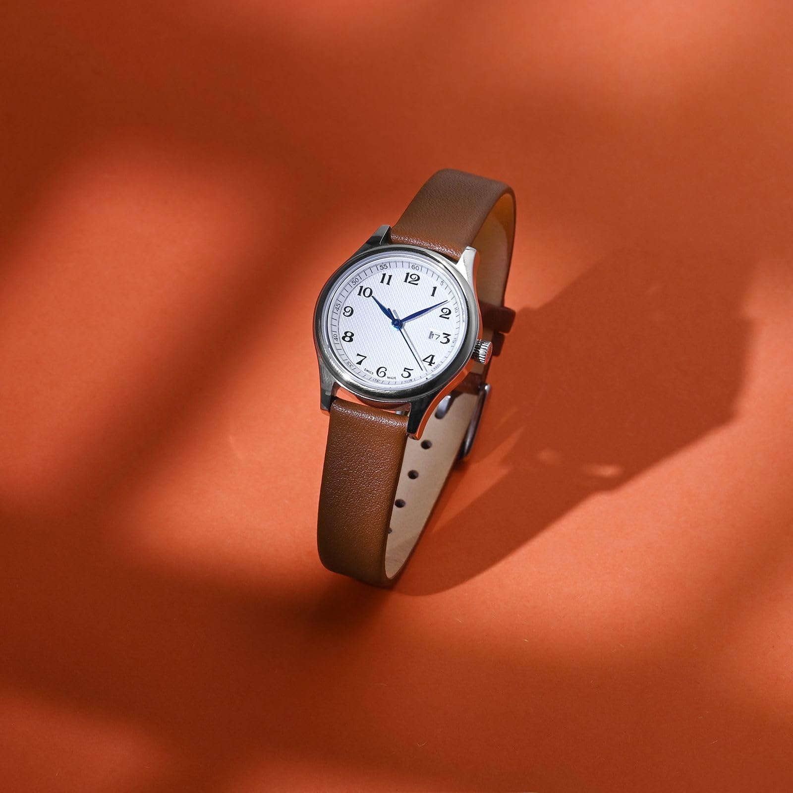 WOCCI 14mm Elegant Genuine Leather Watch Band Replacement Strap Terracotta Brown with Silver Buckle - View 2 of 9