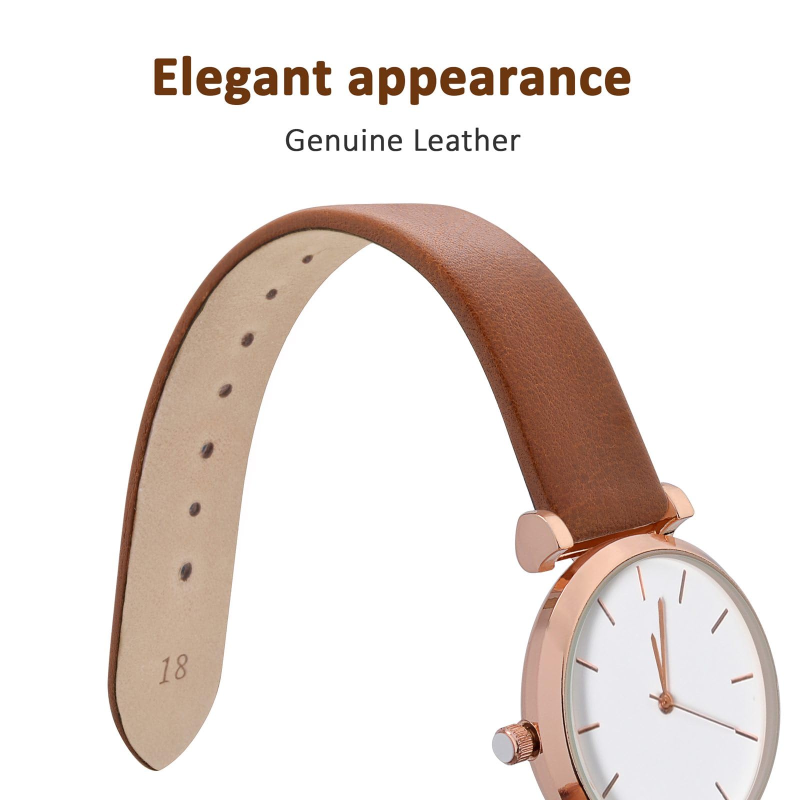 WOCCI 14mm Elegant Genuine Leather Watch Band Replacement Strap Terracotta Brown with Silver Buckle - View 3 of 9