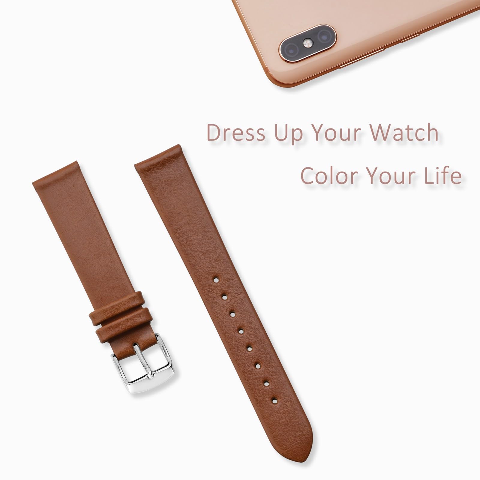 WOCCI 14mm Elegant Genuine Leather Watch Band Replacement Strap Terracotta Brown with Silver Buckle - View 7 of 9