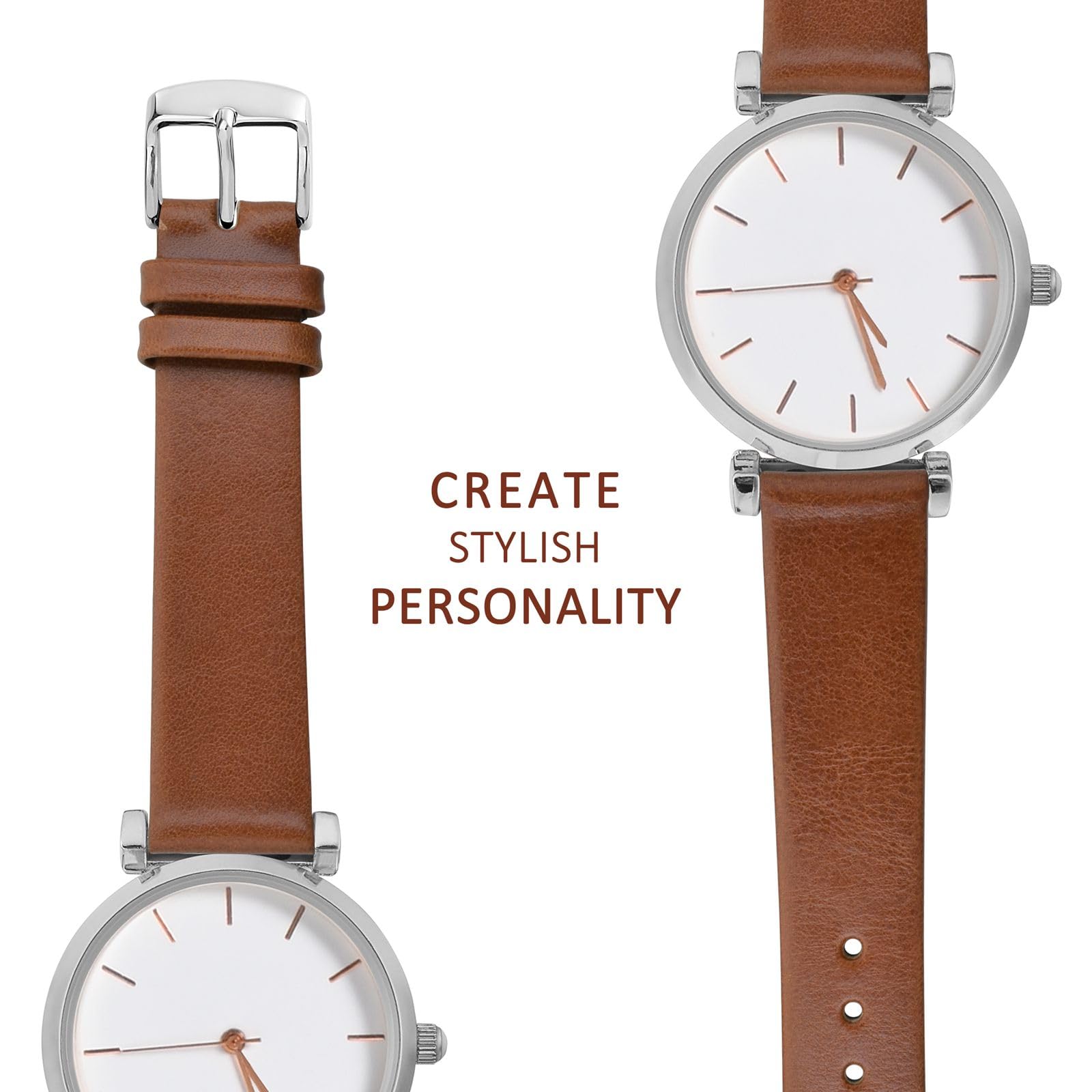 WOCCI 14mm Elegant Genuine Leather Watch Band Replacement Strap Terracotta Brown with Silver Buckle - View 8 of 9